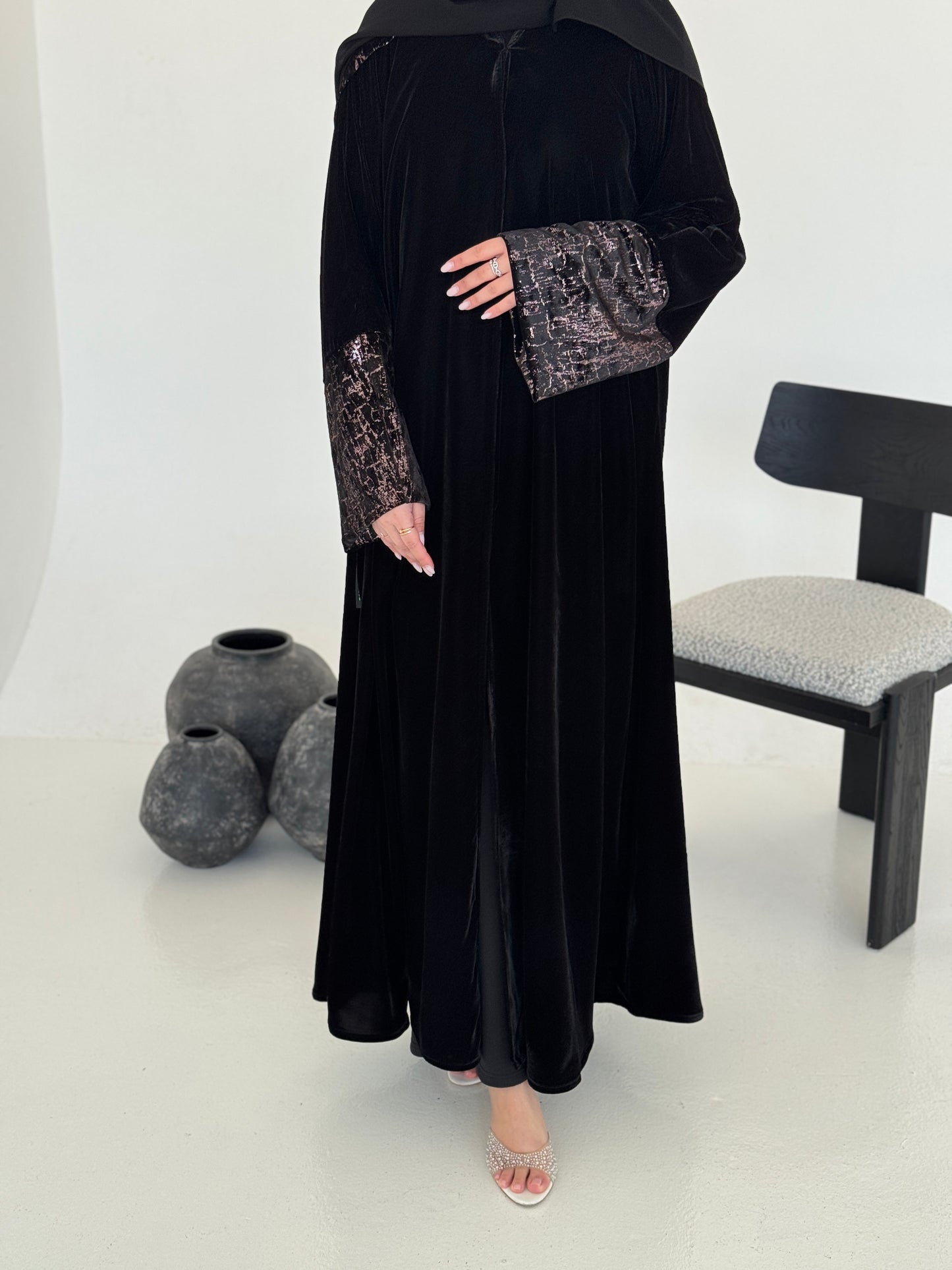 FAB245-Rose Metallic Black Velvet Abaya with Metallic pipping headscarf