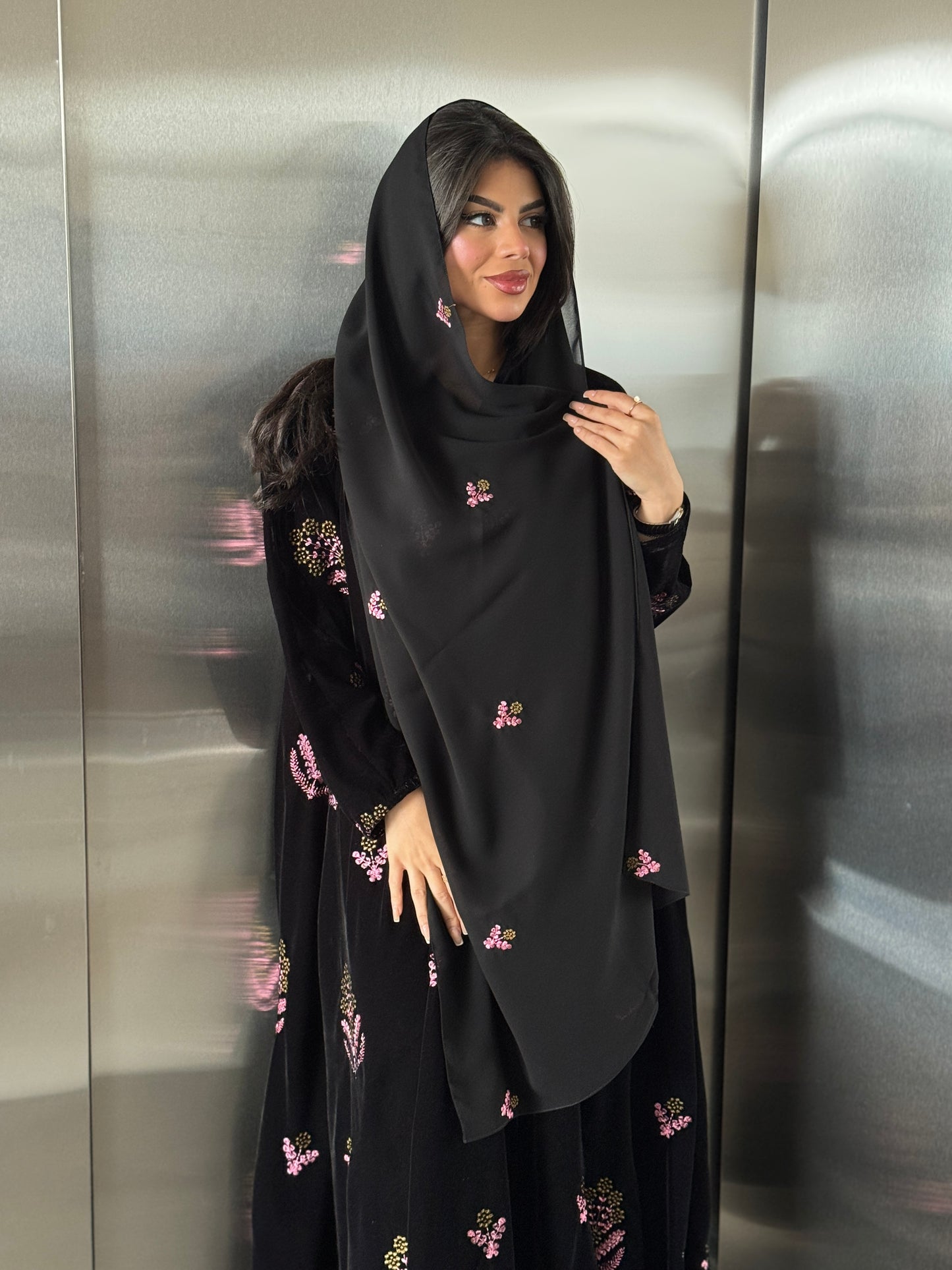 FAB248- Black Velvet with Pink Embroidery A-Cut Abaya Set