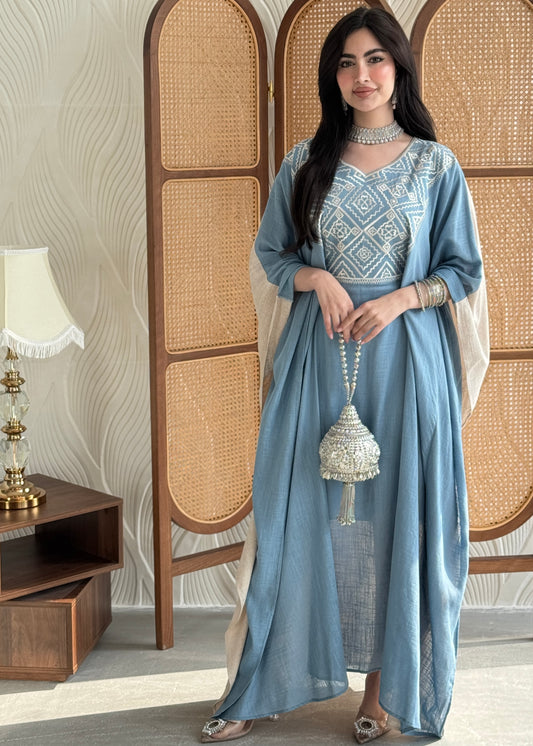 FAB252- Blue Beige Two-sided embroidered Linen butterfly cut jalabiya