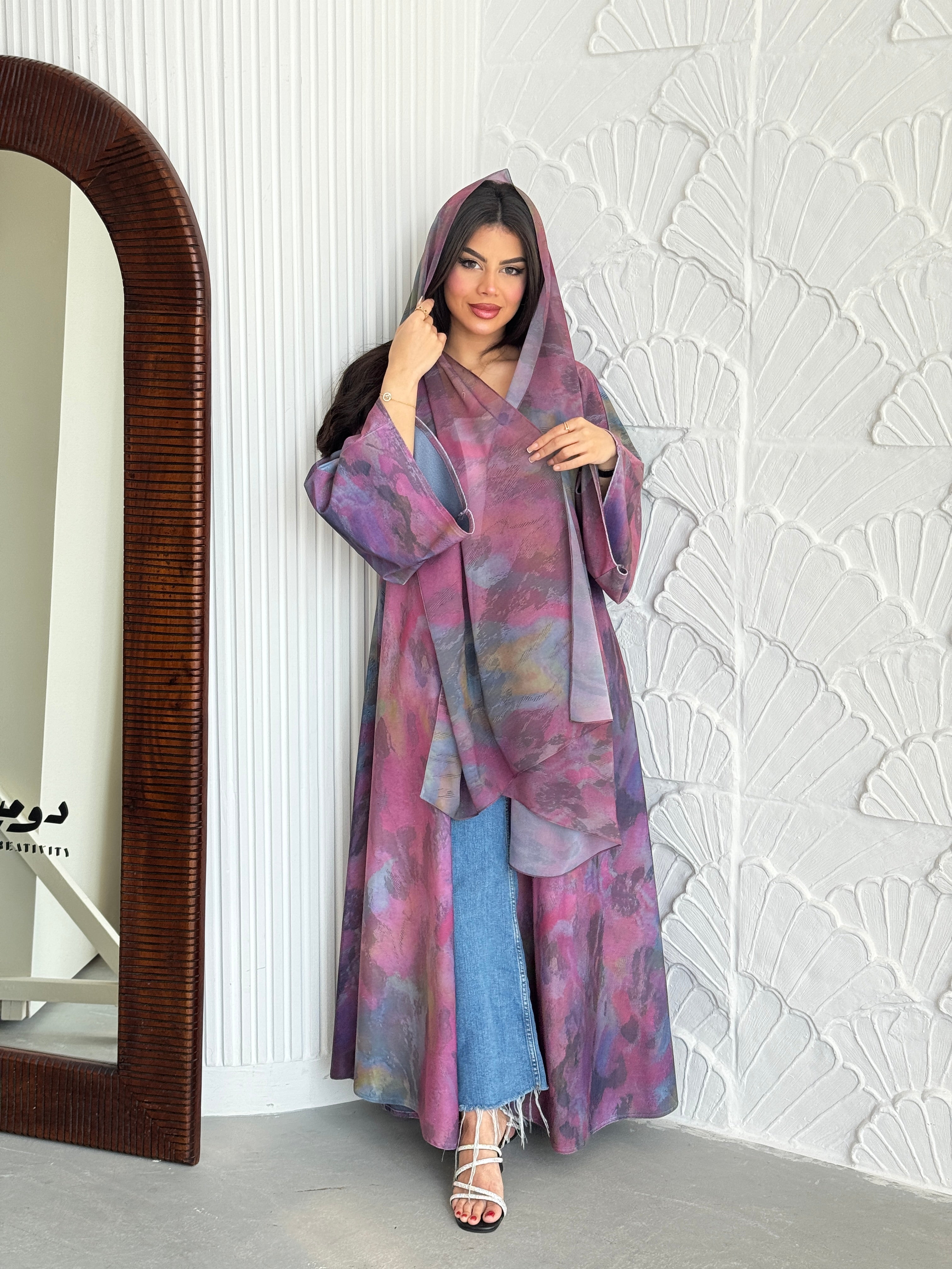 FAB242-Pink Patterned Printed Velvet A-Cut Abaya Set