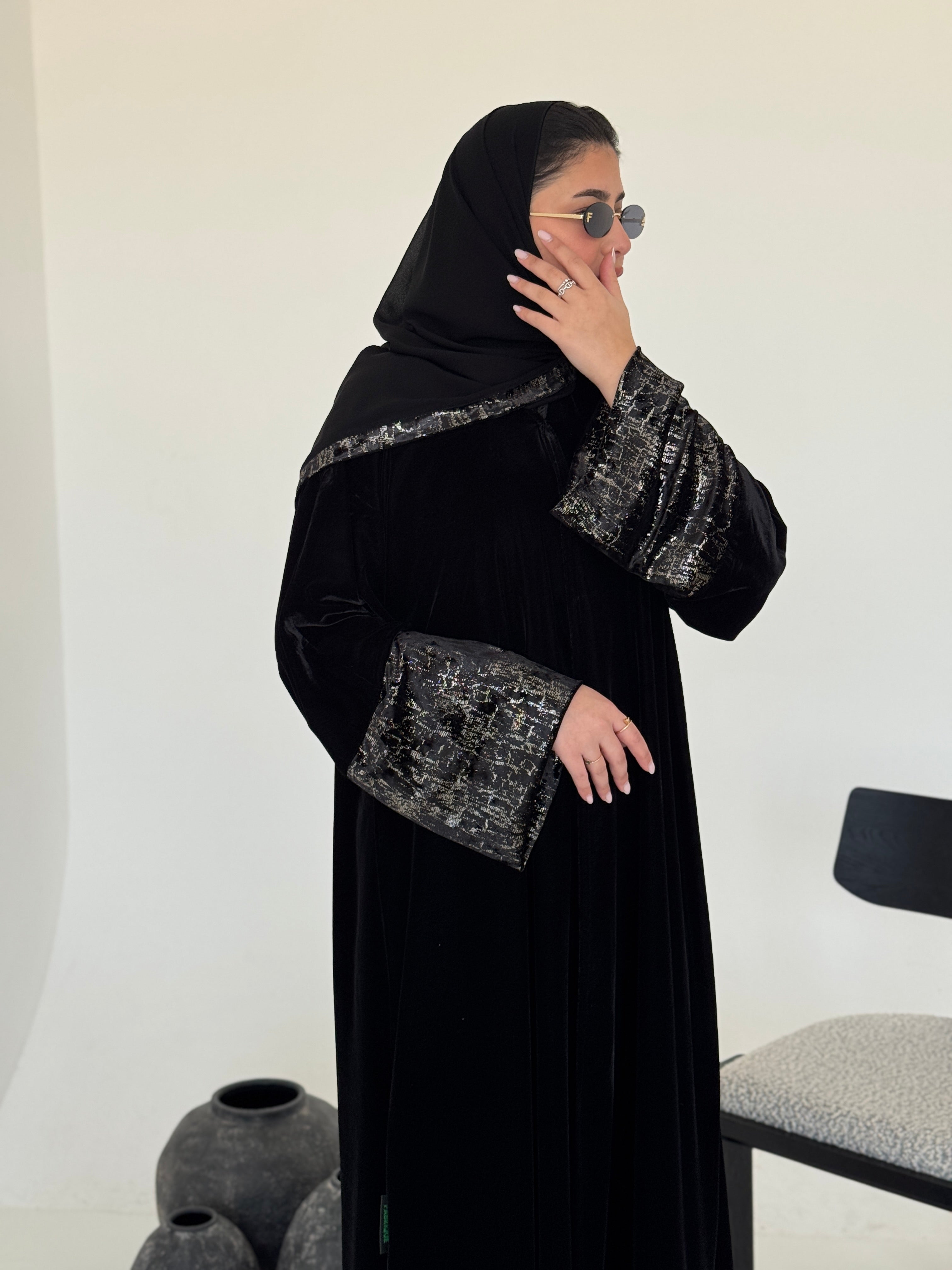 FAB244-Silver Metallic Black Velvet Abaya with Metallic pipping headscarf
