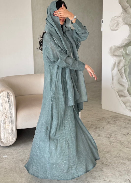 FAB166-Turqoise Glitter Linen A-Cut Abaya