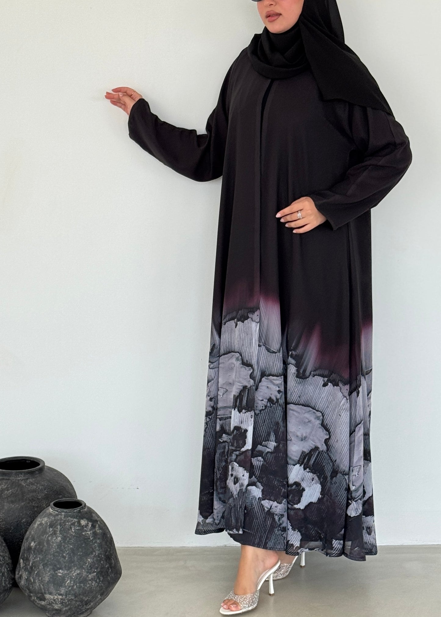 FAB209- Grey Ombre Waves print Shiffon A-cut Abaya with headscarf