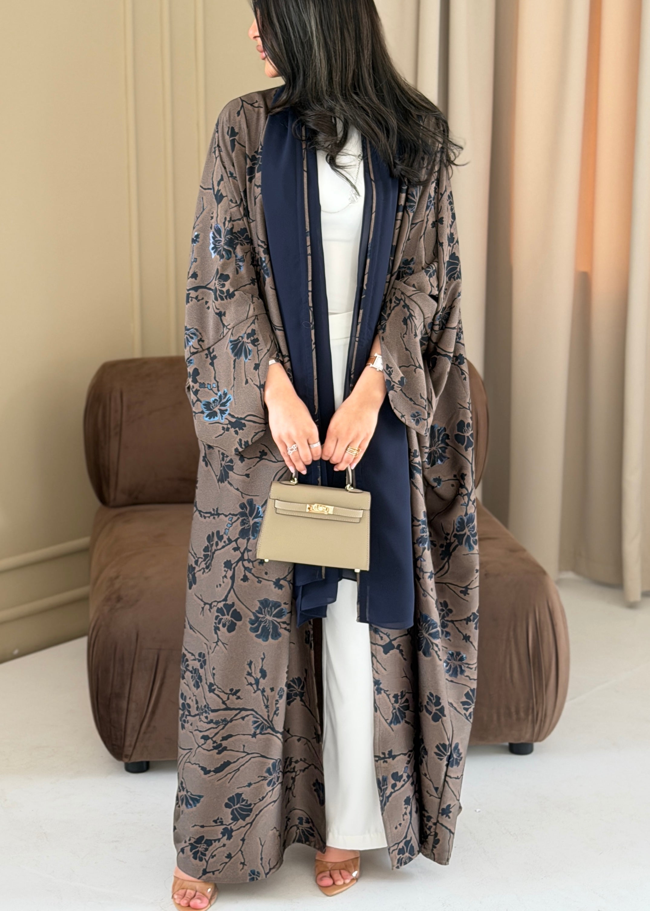 FAB283-Brown Floral Print Half Bisbt Abaya with pipping headscarf