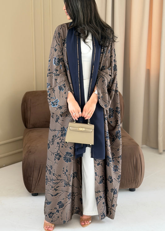 FAB283-Brown Floral Print Half Bisbt Abaya with pipping headscarf