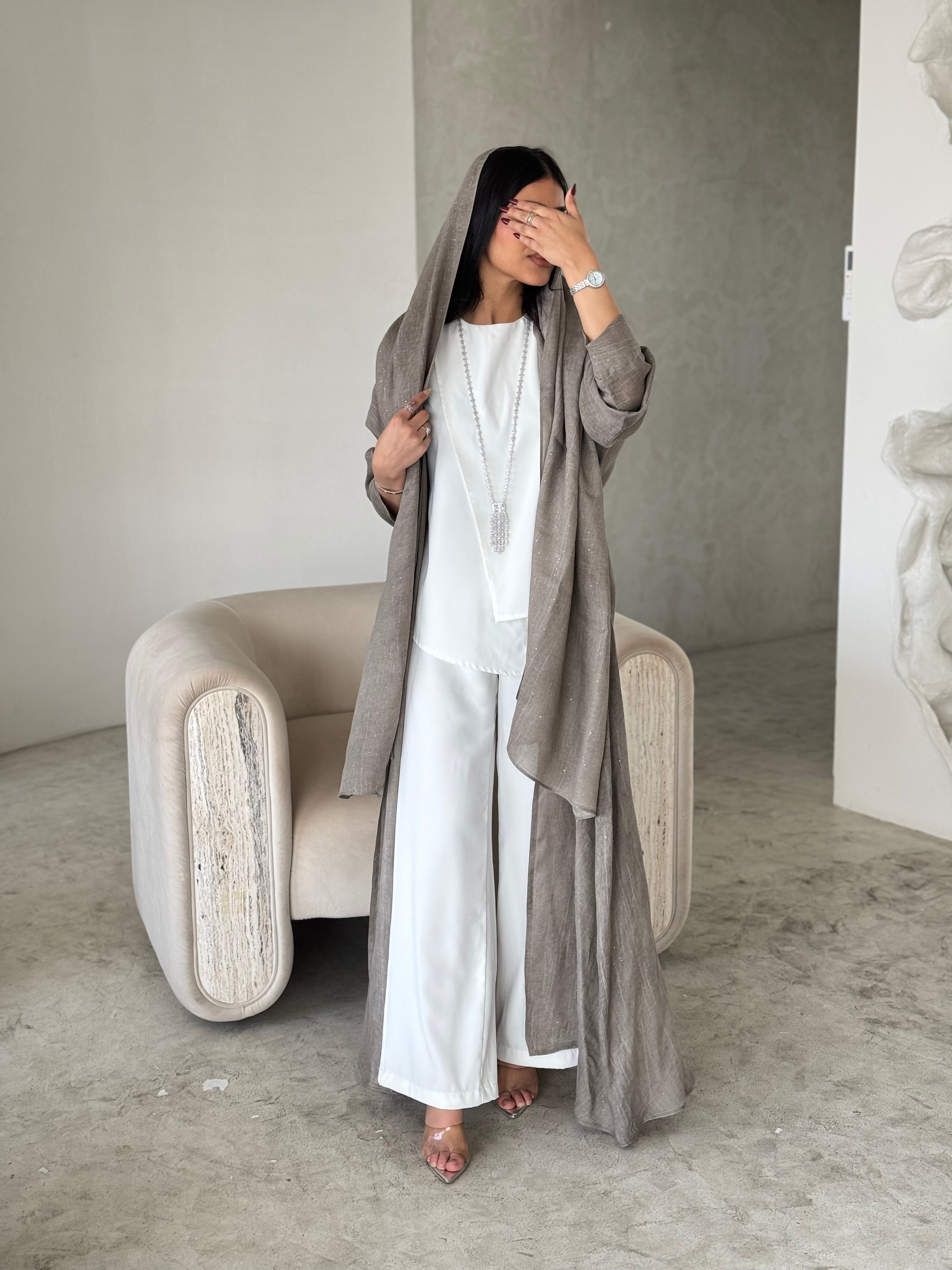 FAB168- Beige Linen Glitter A-Cut Abaya