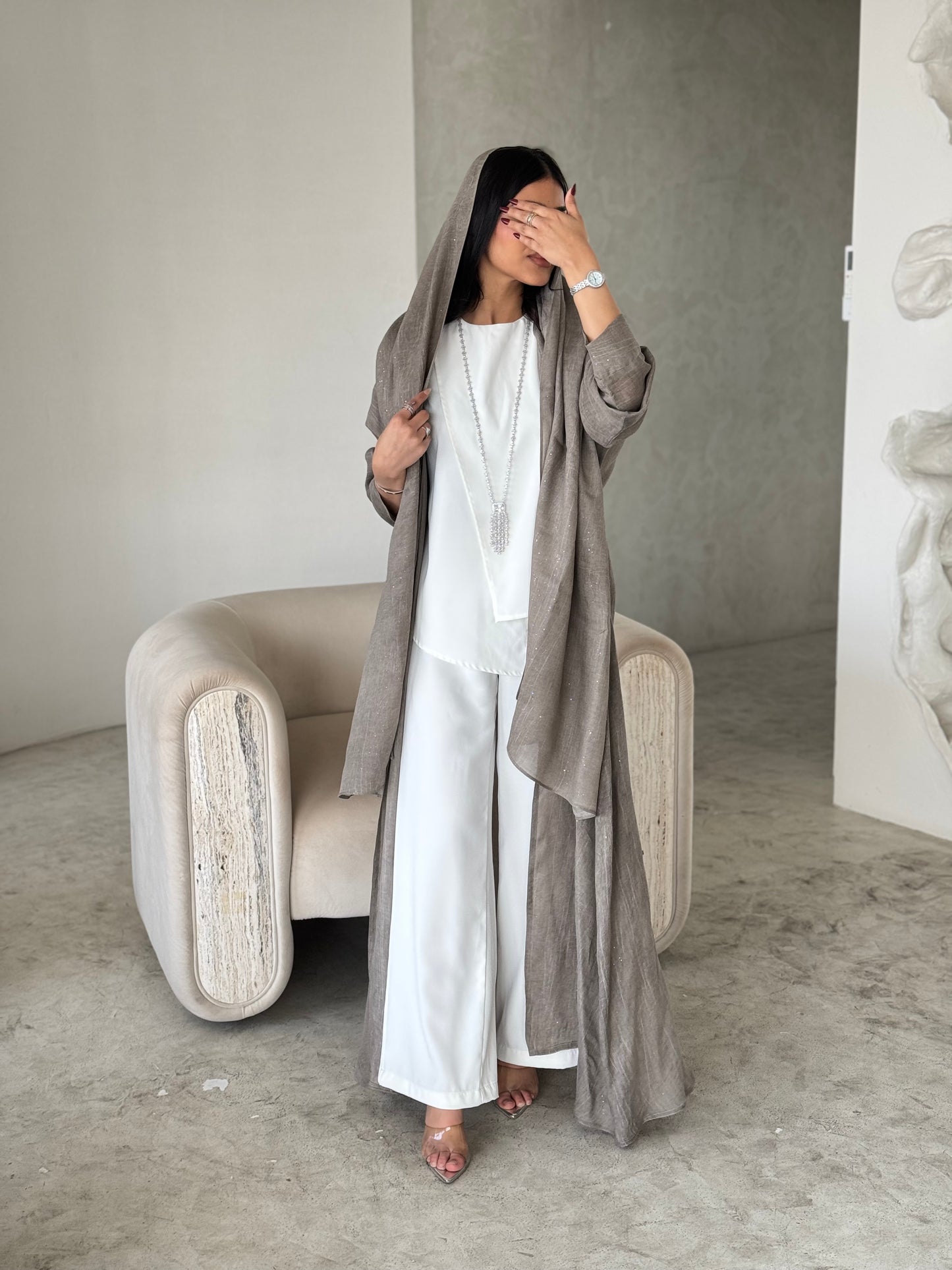 FAB168- Beige Linen Glitter A-Cut Abaya