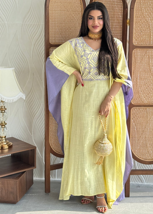 FAB255- Purple and Yellow Two-sided embroidered Linen butterfly cut jalabiya