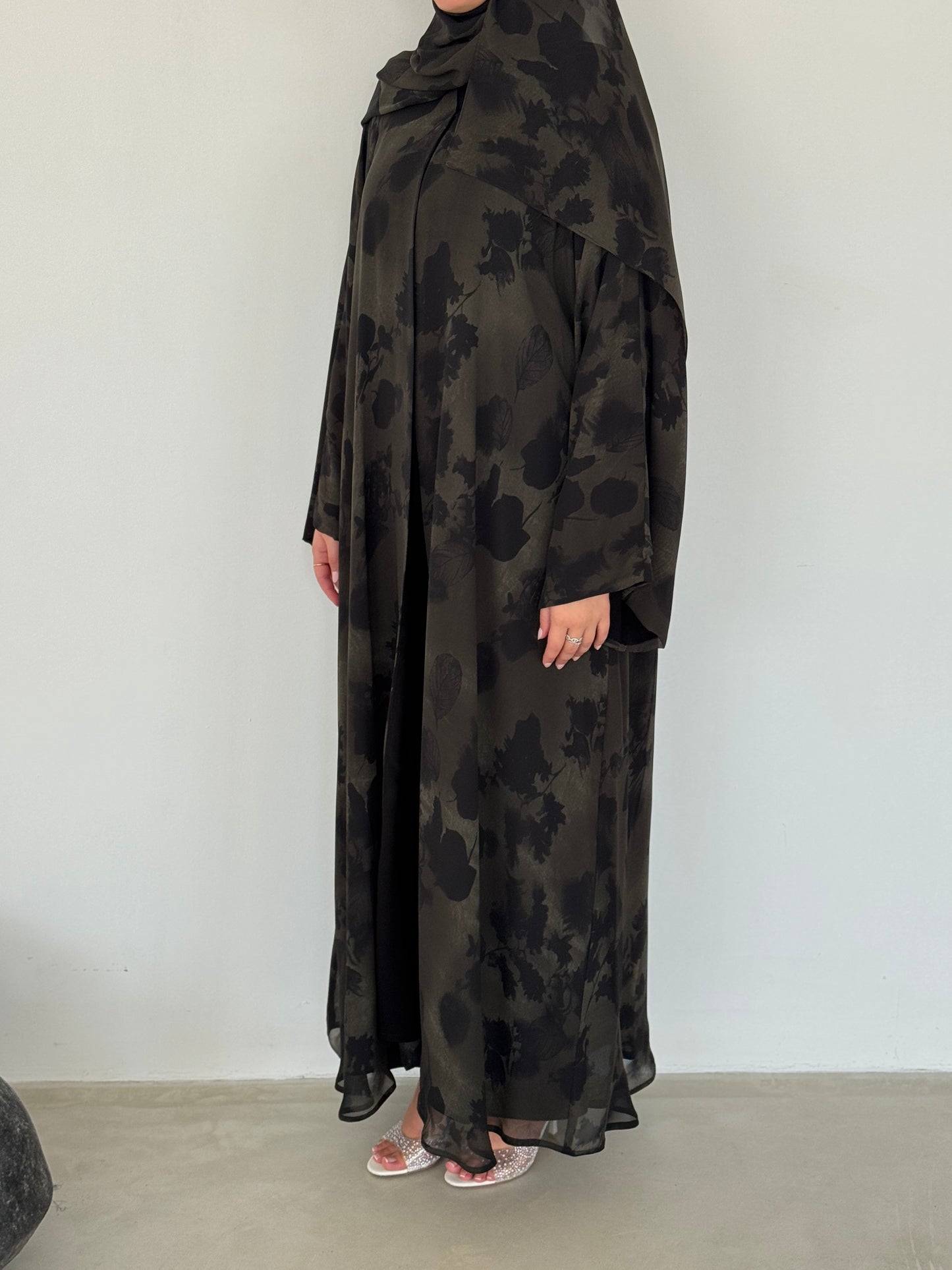 FAB215- Green Printed A-Cut Shiffon Abaya Set