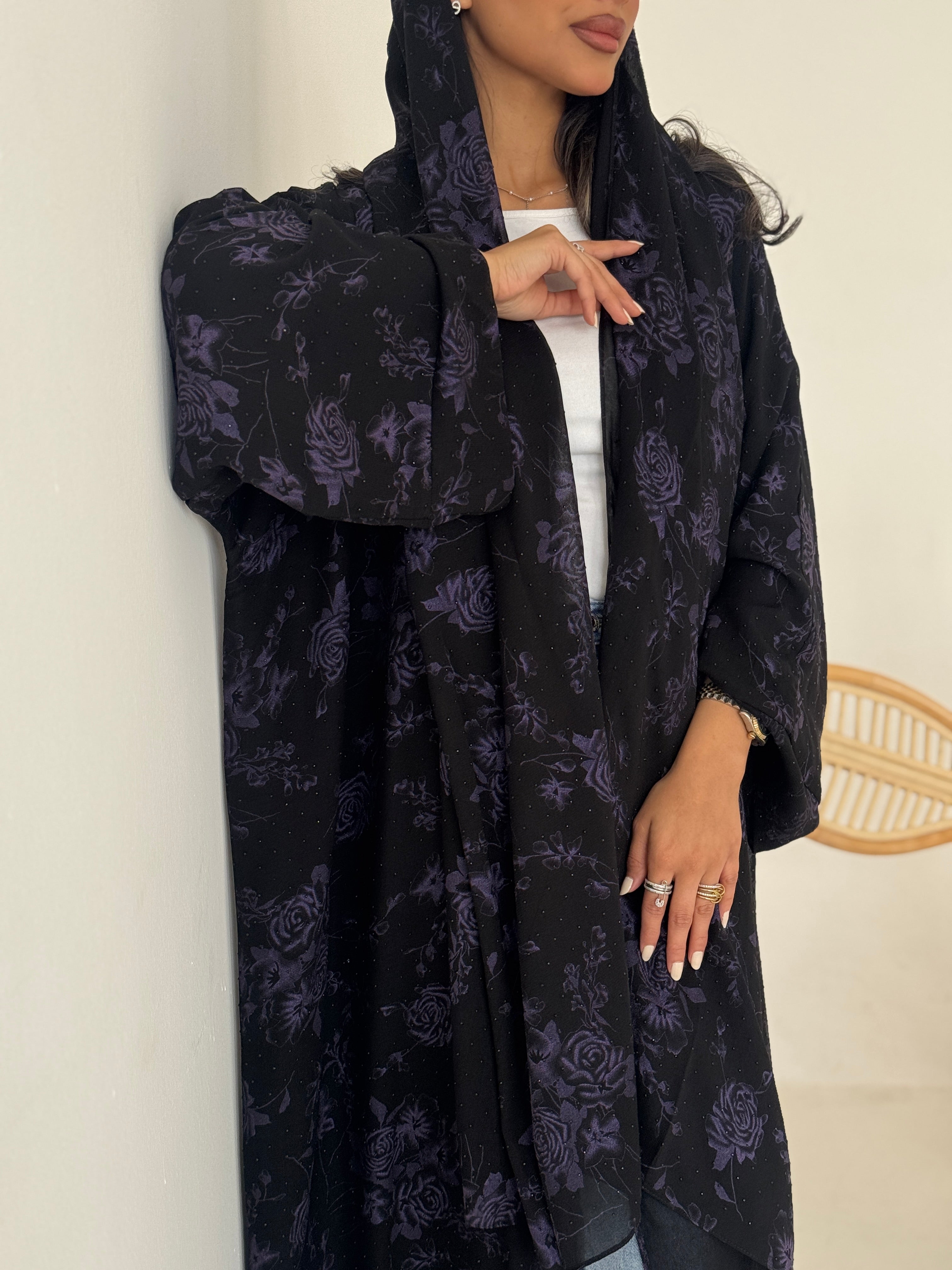 FAB203-Purple Black Chiffon Pattern Summer Abaya with headscarf