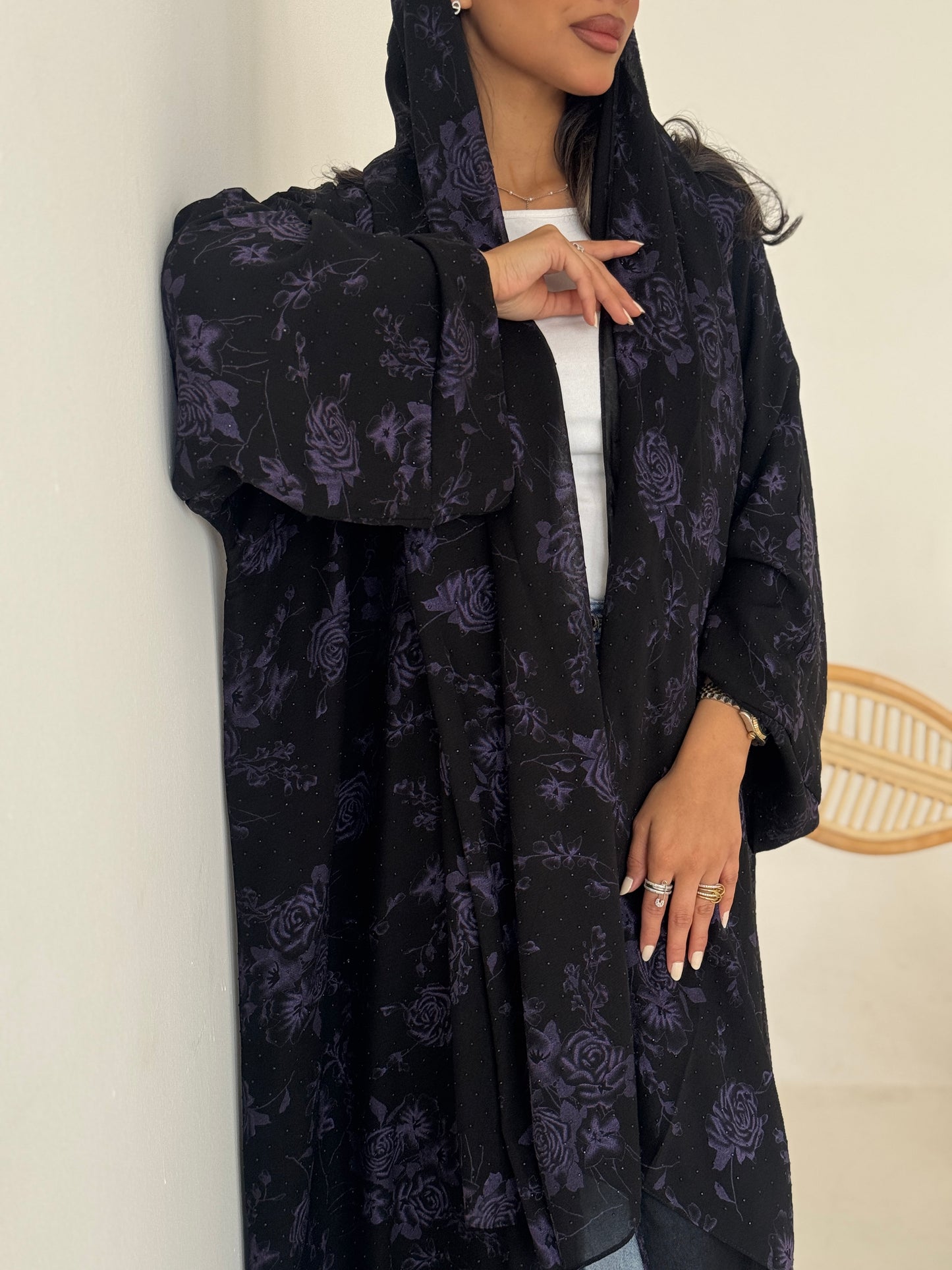 FAB203-Purple Black Chiffon Pattern Summer Abaya with headscarf