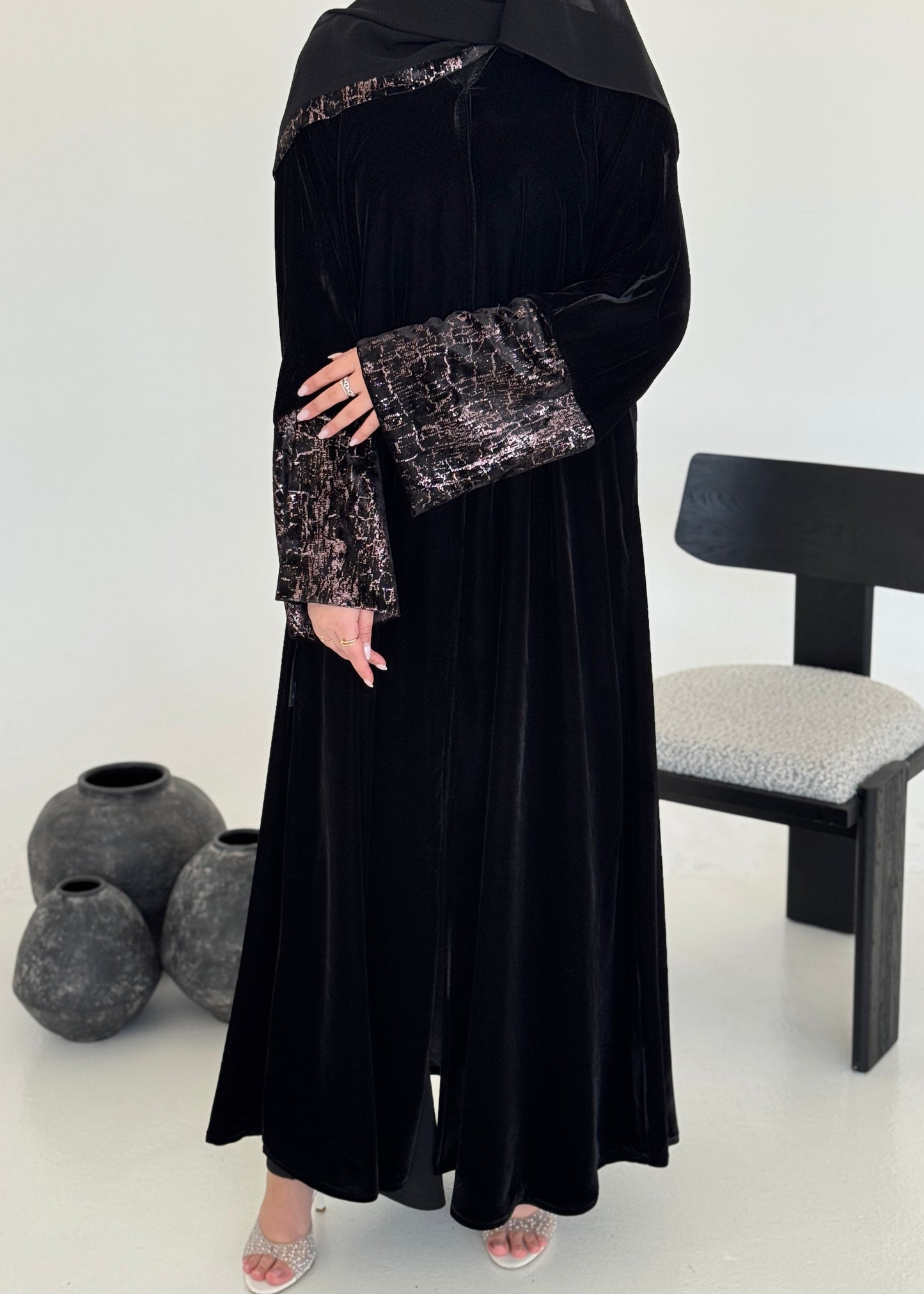 FAB245-Rose Metallic Black Velvet Abaya with Metallic pipping headscarf