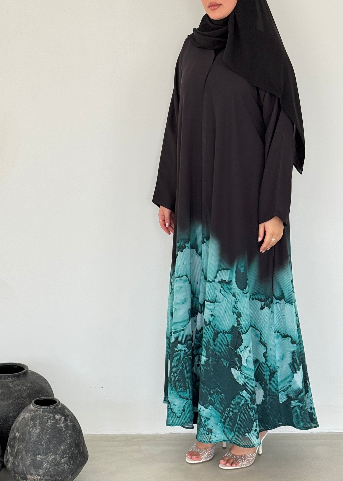 FAB210- Turquoise Ombre Waves print Shiffon A-cut Abaya with headscarf