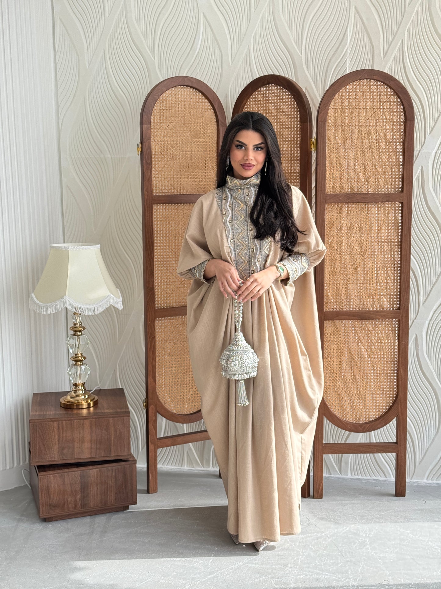 FAB281-Luxurious Beige pure linen high neck jalabiya with full beaded silver embroidery