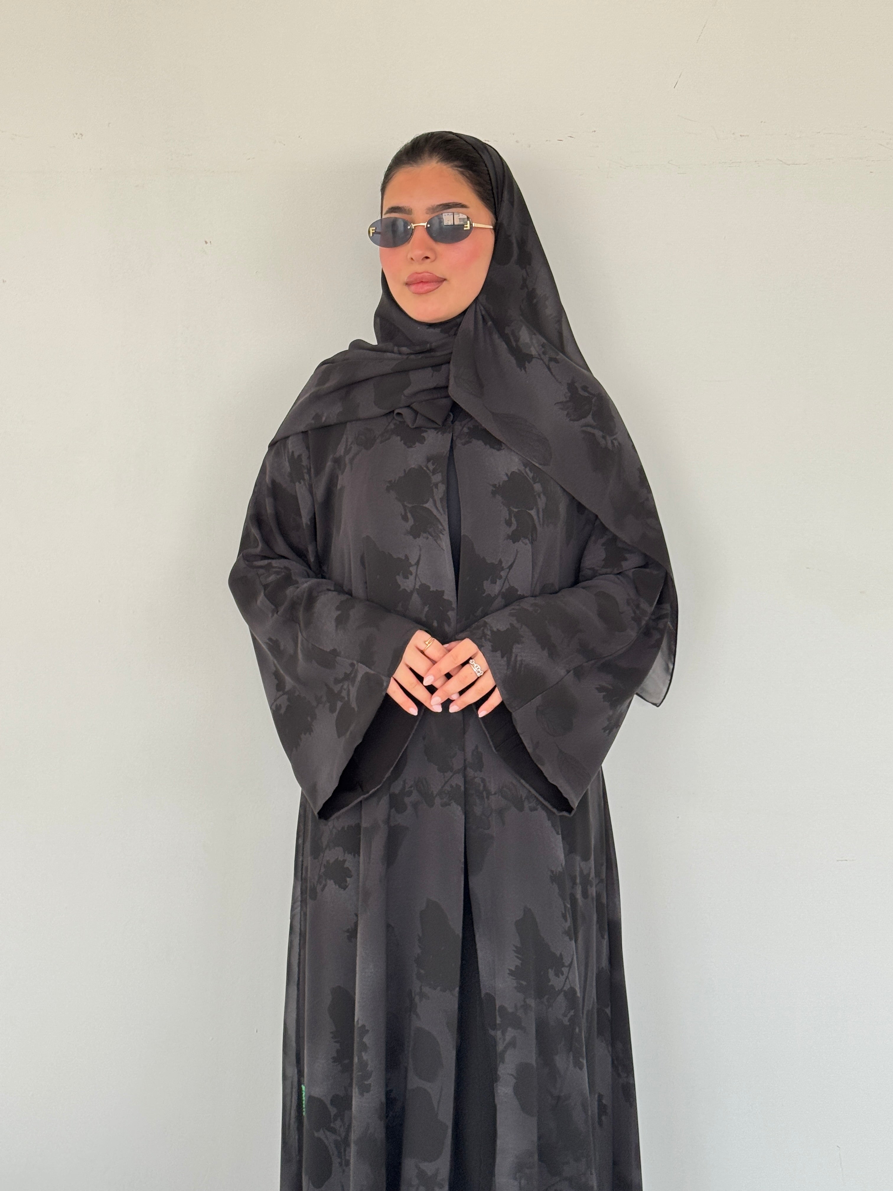 FAB214- Black Printed A-Cut Shiffon Abaya Set