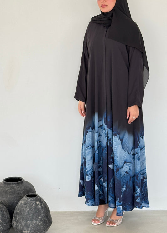 FAB211- Blue Ombre Waves print Shiffon A-cut Abaya with headscarf