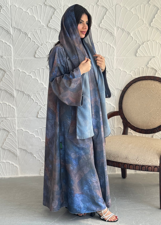 FAB240-Grey Patterned Printed Velvet A-Cut Abaya Set