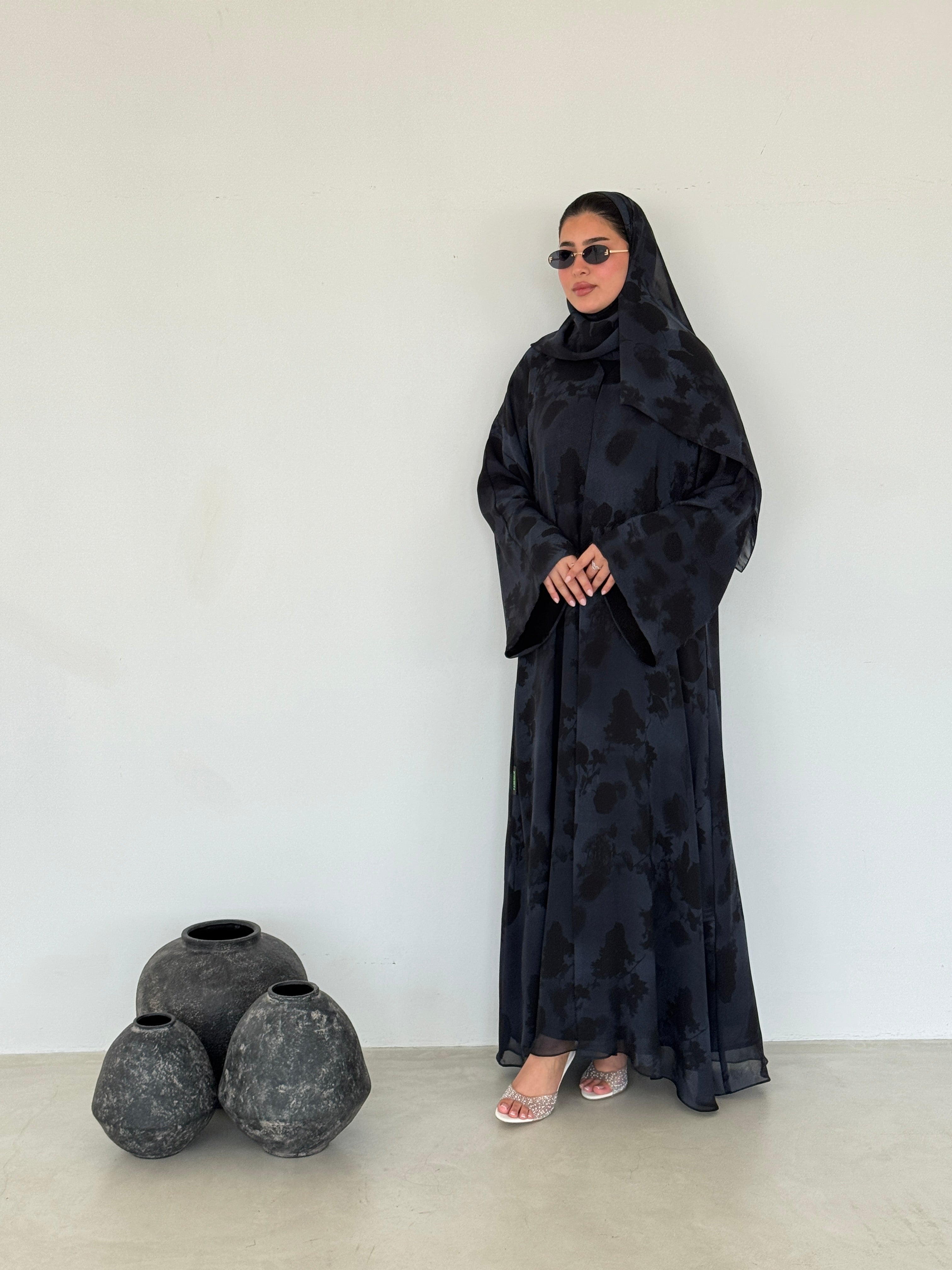 FAB216- Blue Printed A-Cut Shiffon Abaya Set