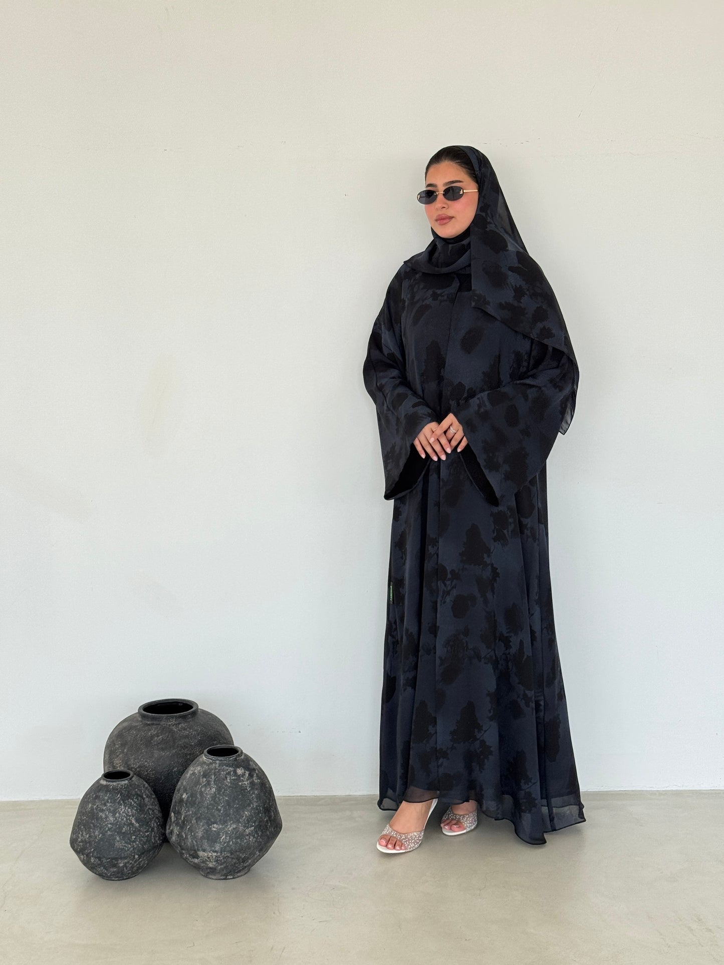 FAB216- Blue Printed A-Cut Shiffon Abaya Set