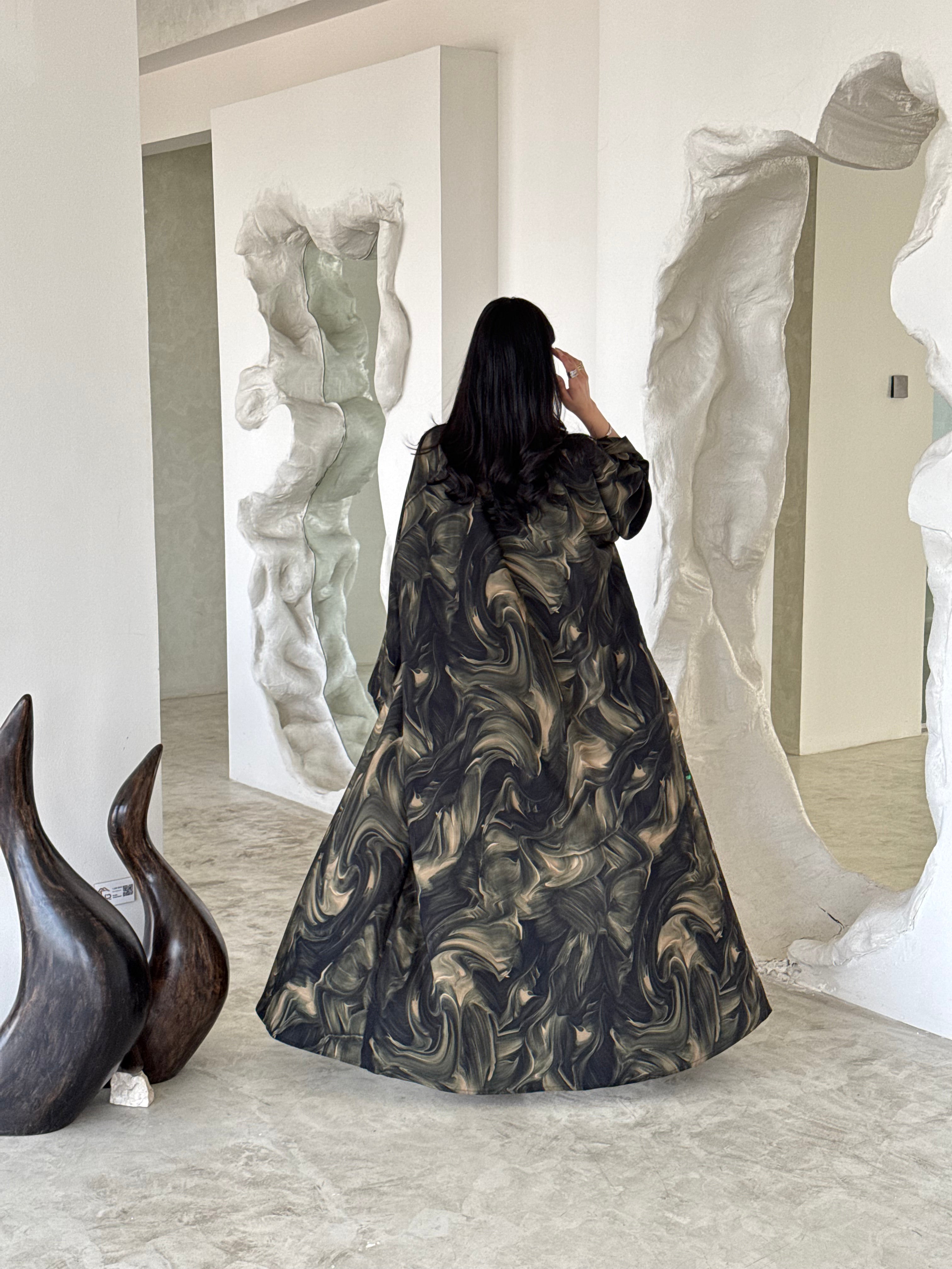 READY TO SHIP- FAB172- Green Pattern Crepe Summer Abaya with matching headscarf