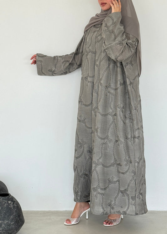 FAB217- Beige Ribbon Embroidery Linen Abaya with headscarf