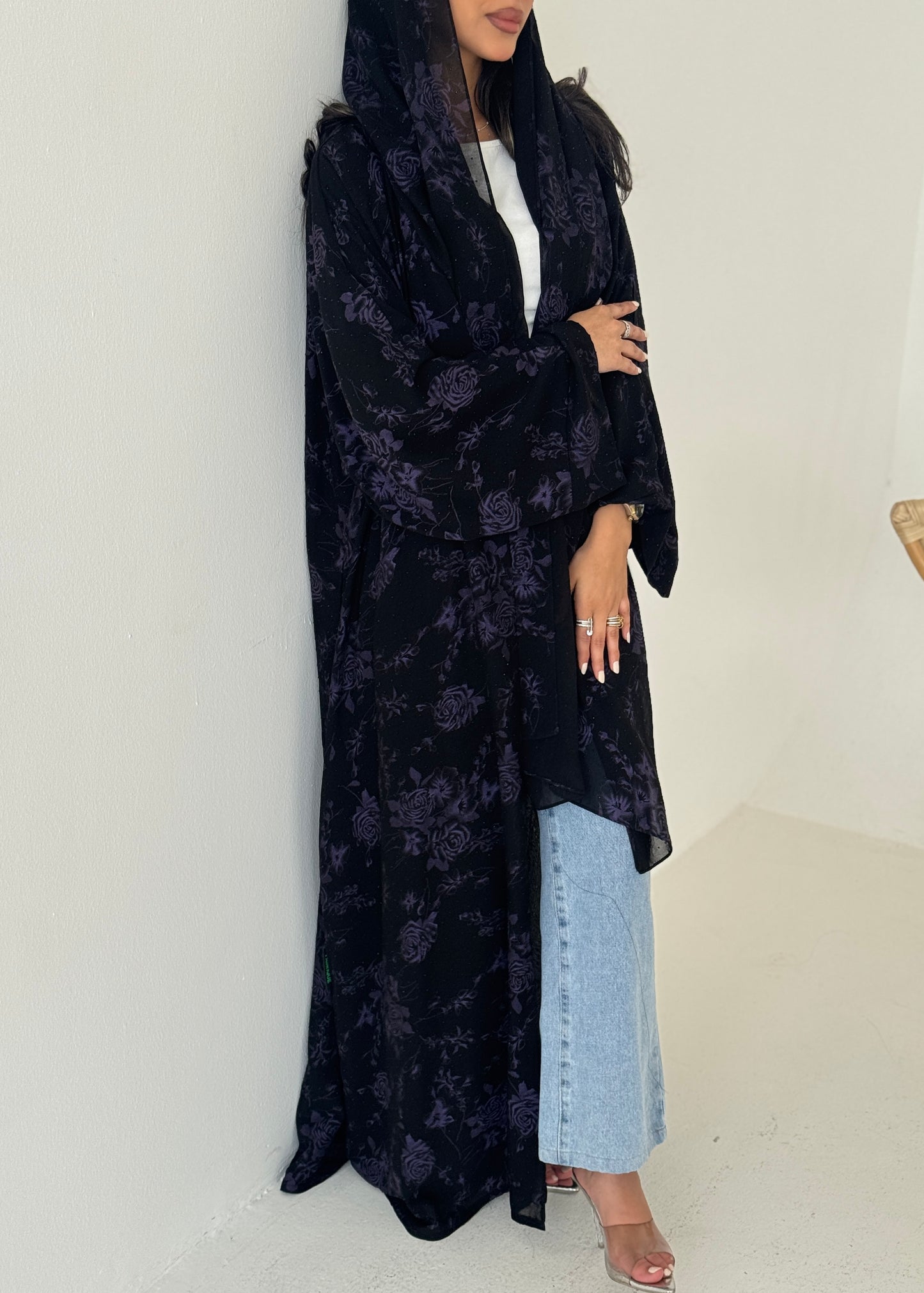 FAB203-Purple Black Chiffon Pattern Summer Abaya with headscarf