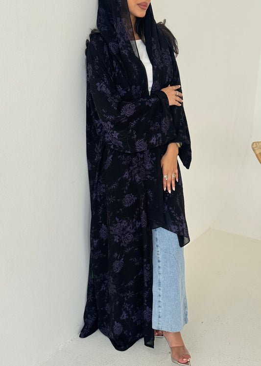 FAB203-Purple Black Chiffon Pattern Summer Abaya with headscarf