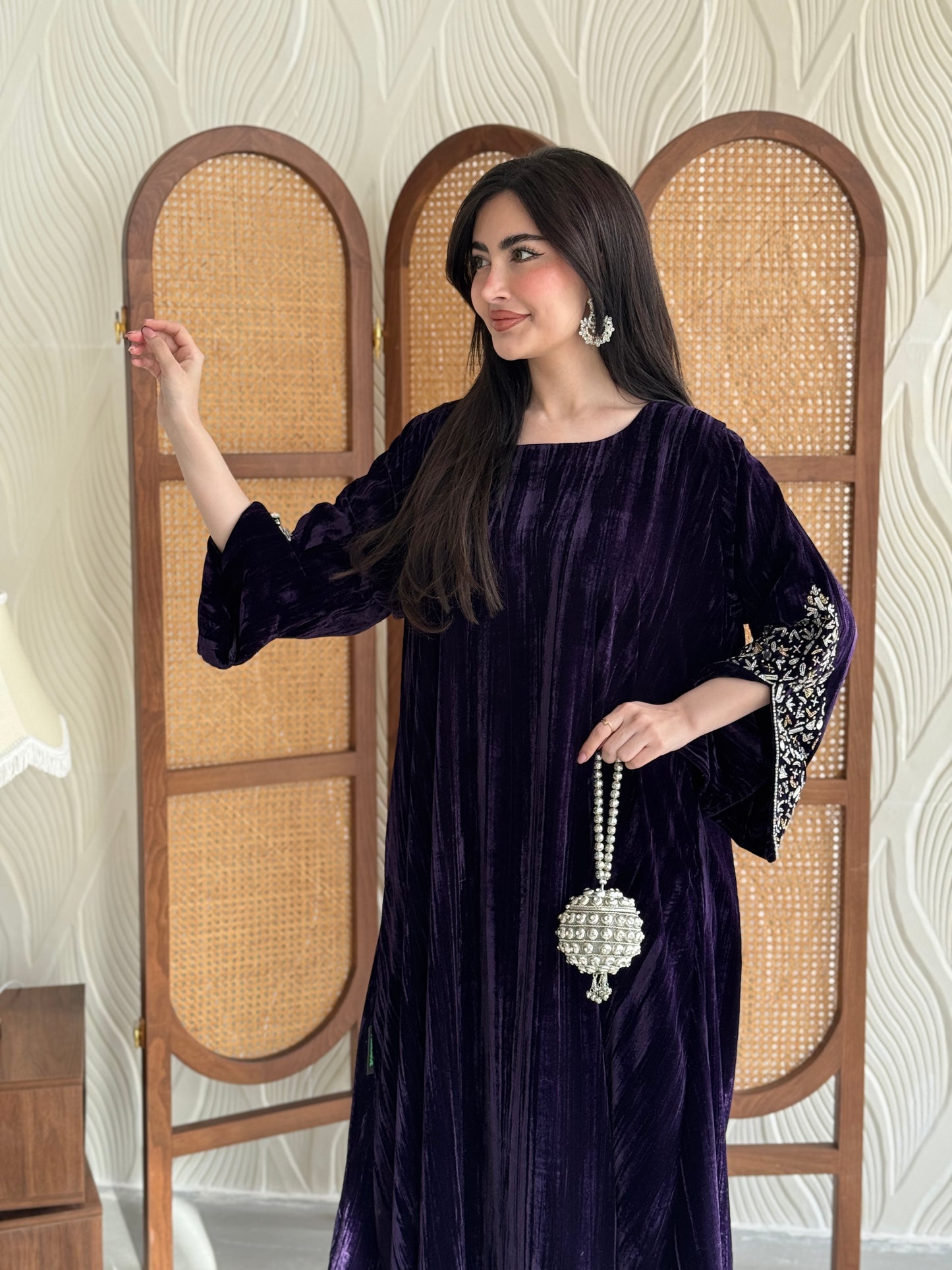 FAB250-Purple Velvet Crystals Embroidered A-Cut Jalabiya