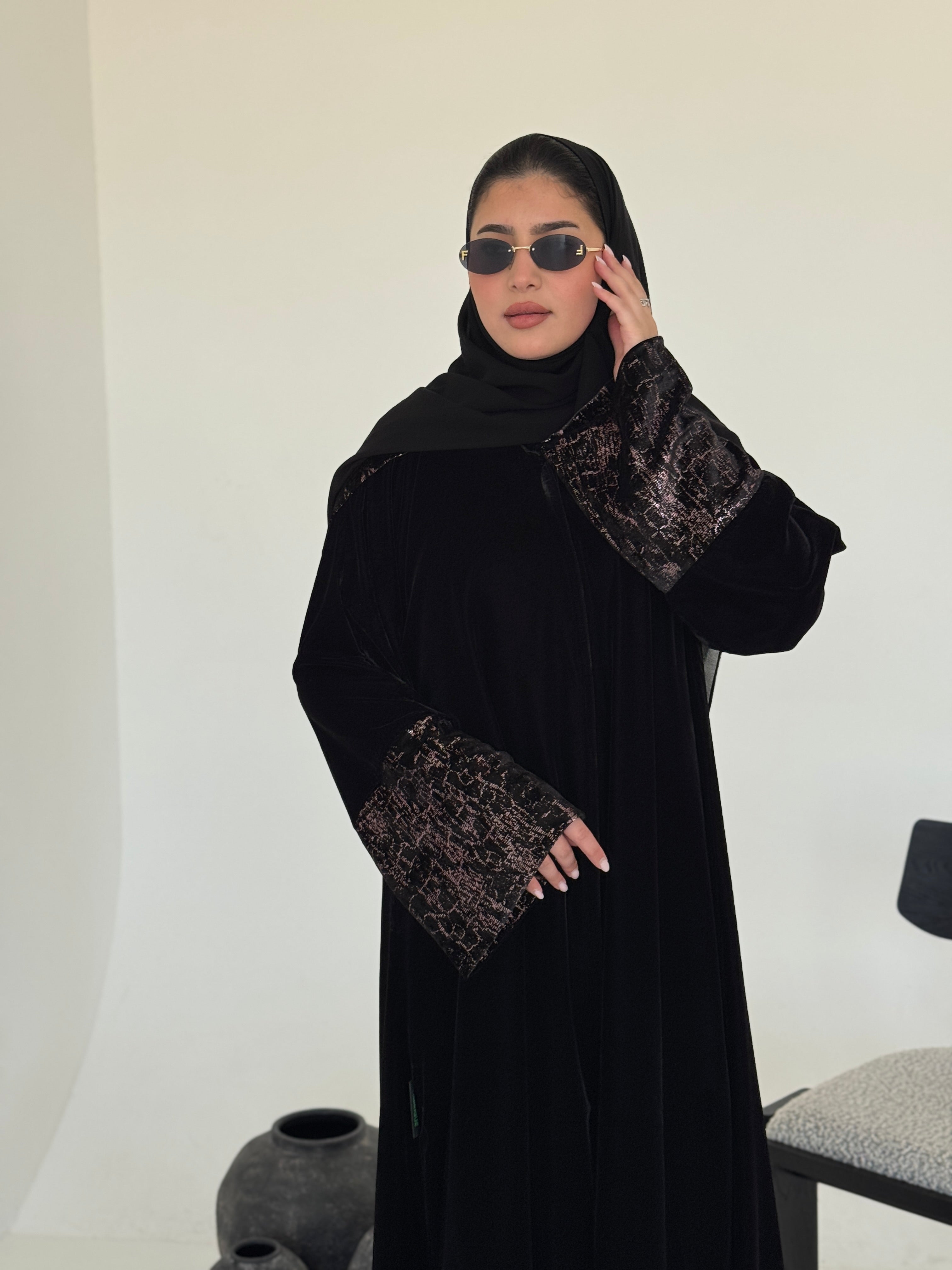 FAB245-Rose Metallic Black Velvet Abaya with Metallic pipping headscarf