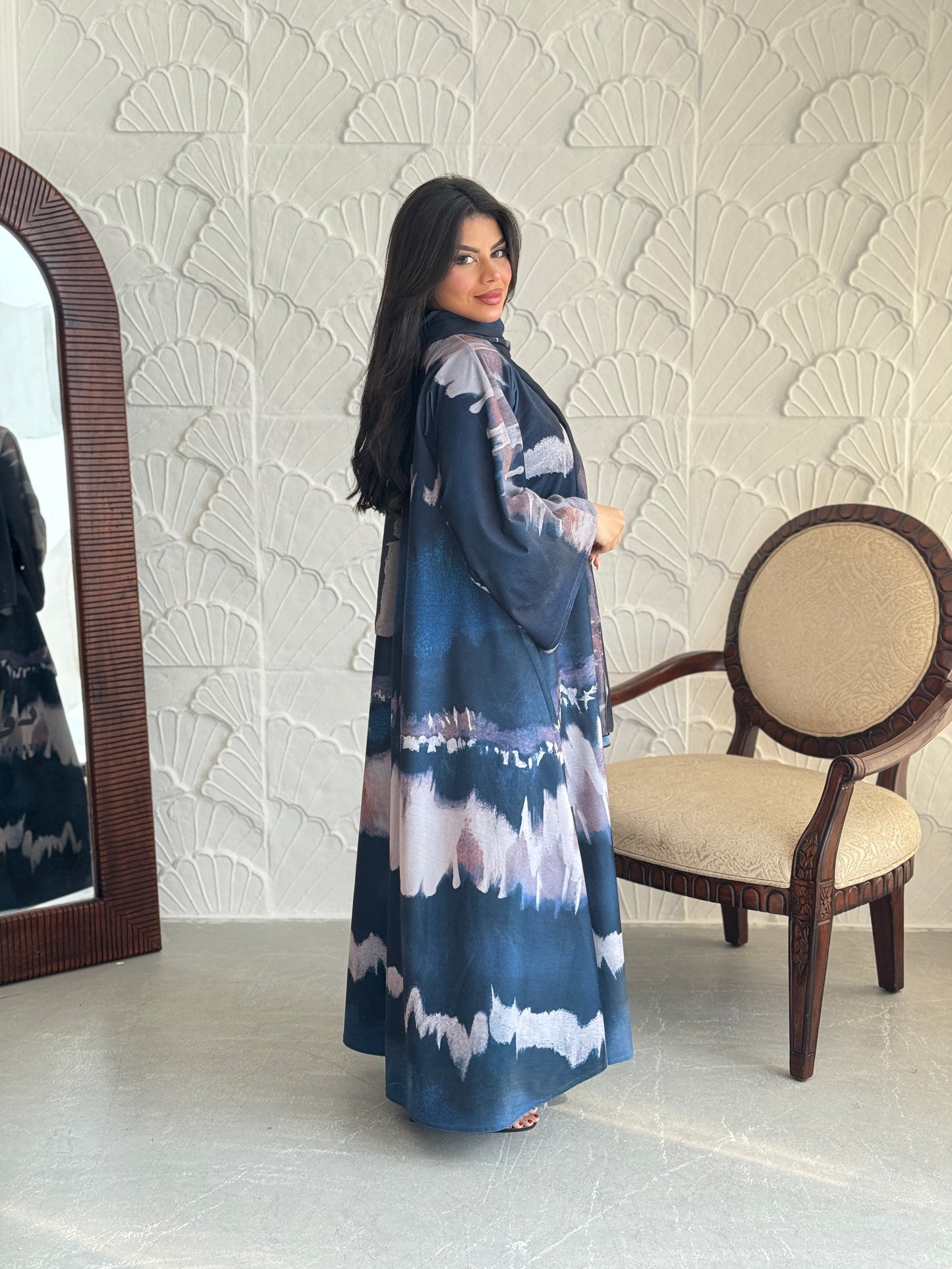 FAB239- Blue Patterned Printed Velvet A-Cut Abaya Set