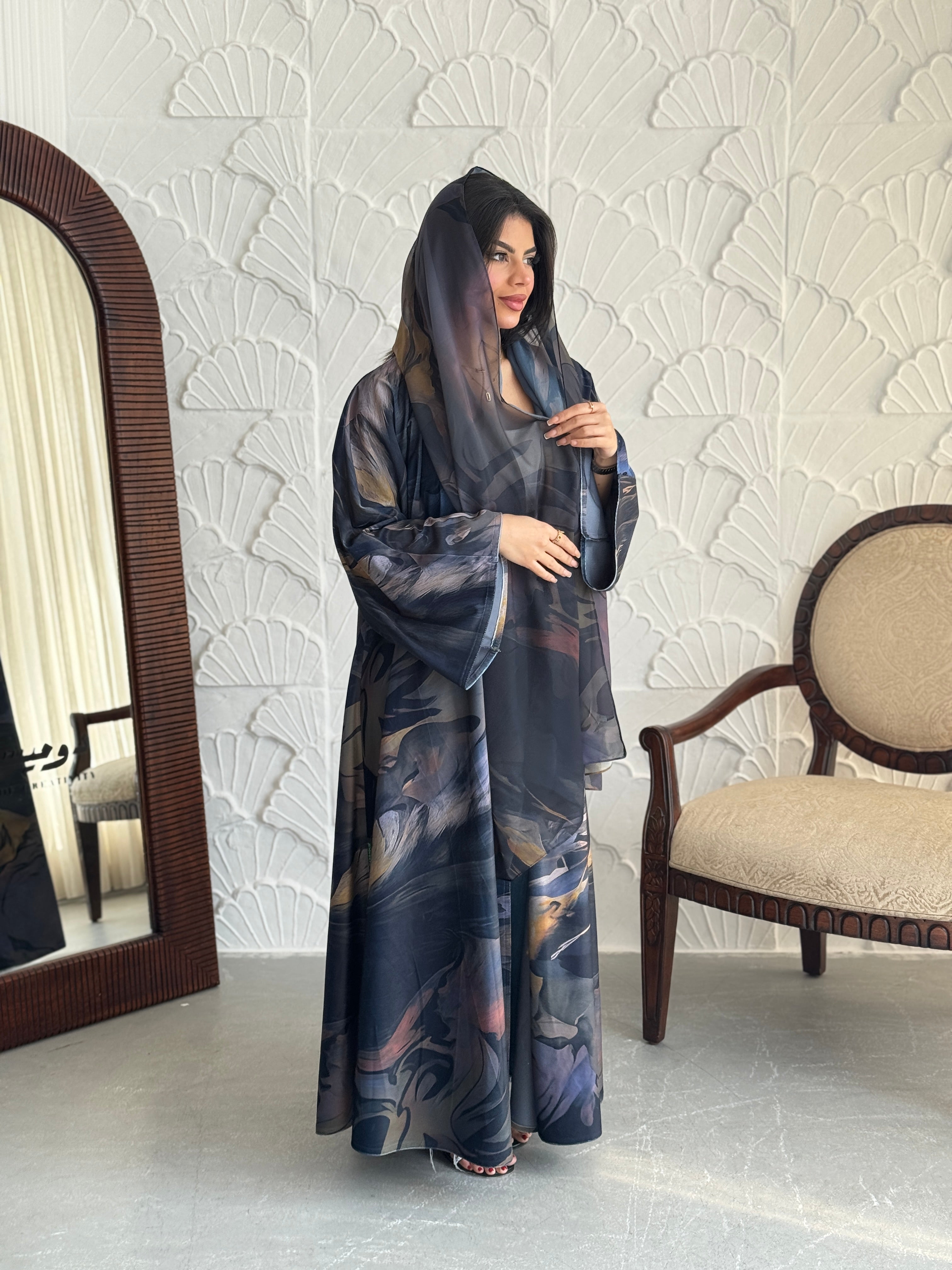 FAB241-Light Black Patterned Printed Velvet A-Cut Abaya Set