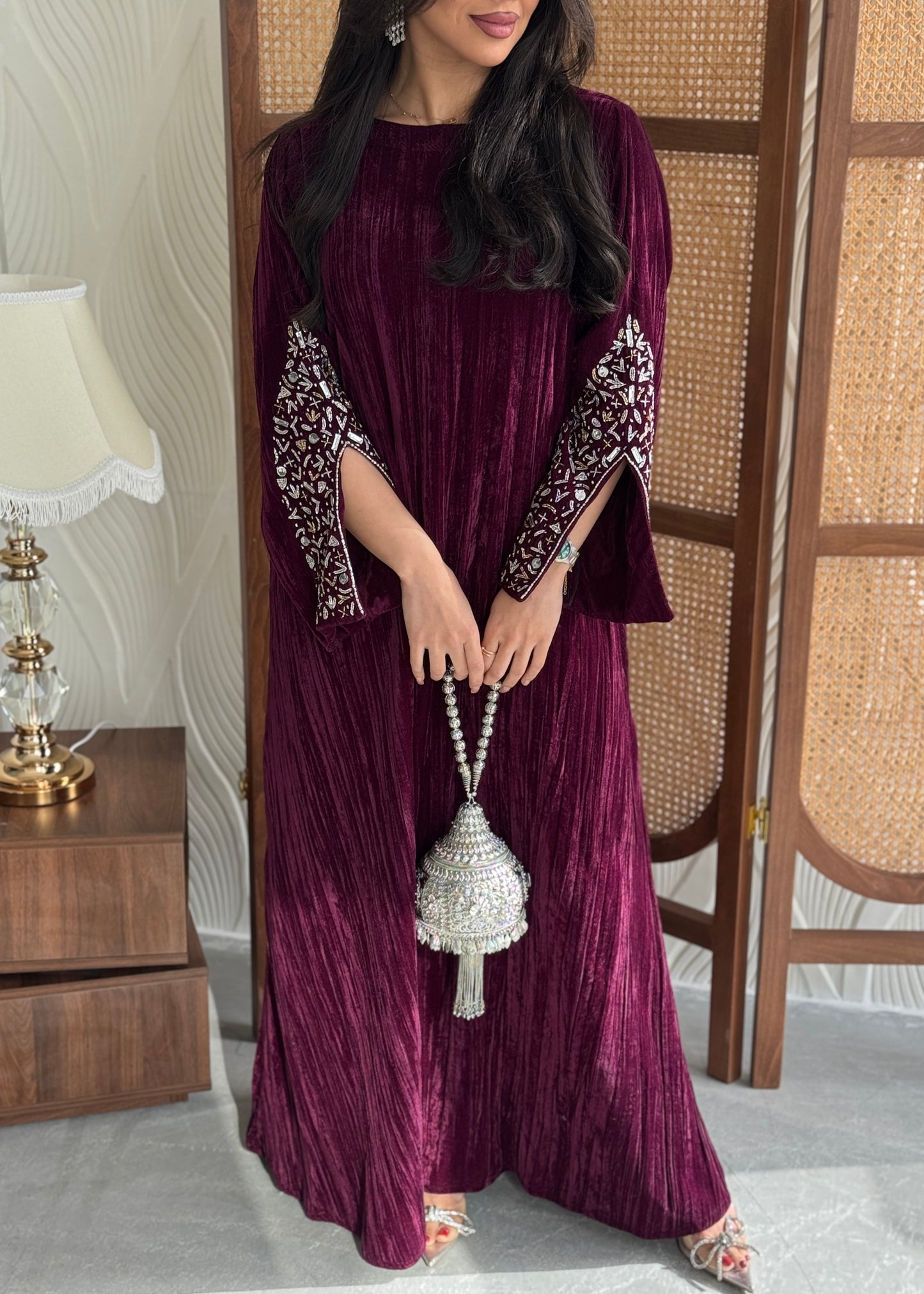 FAB249-Maroon Velvet Crystals Embroidered A-Cut Jalabiya