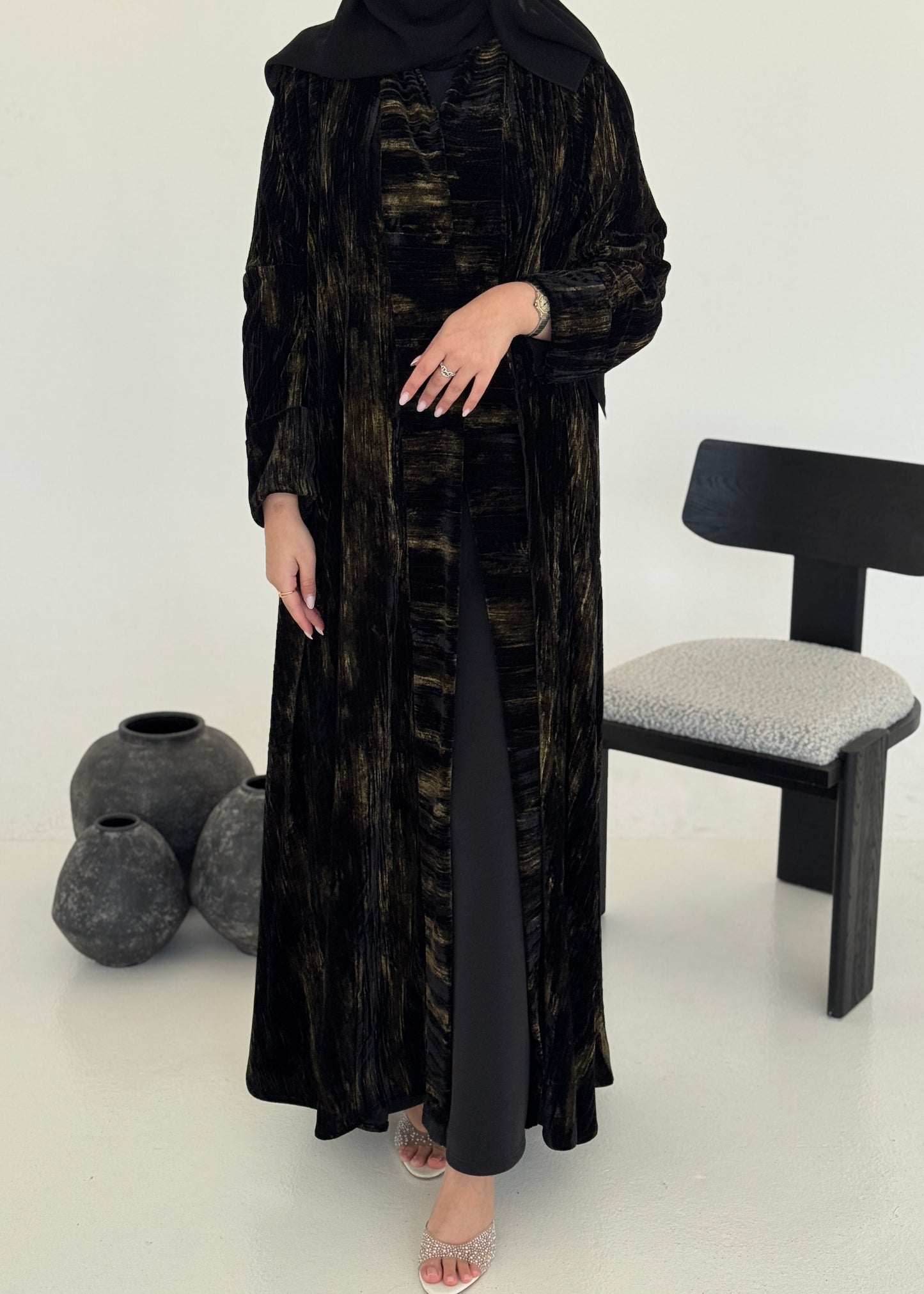 FAB234- Black & Gold Marble Velvet A-Cut Abaya