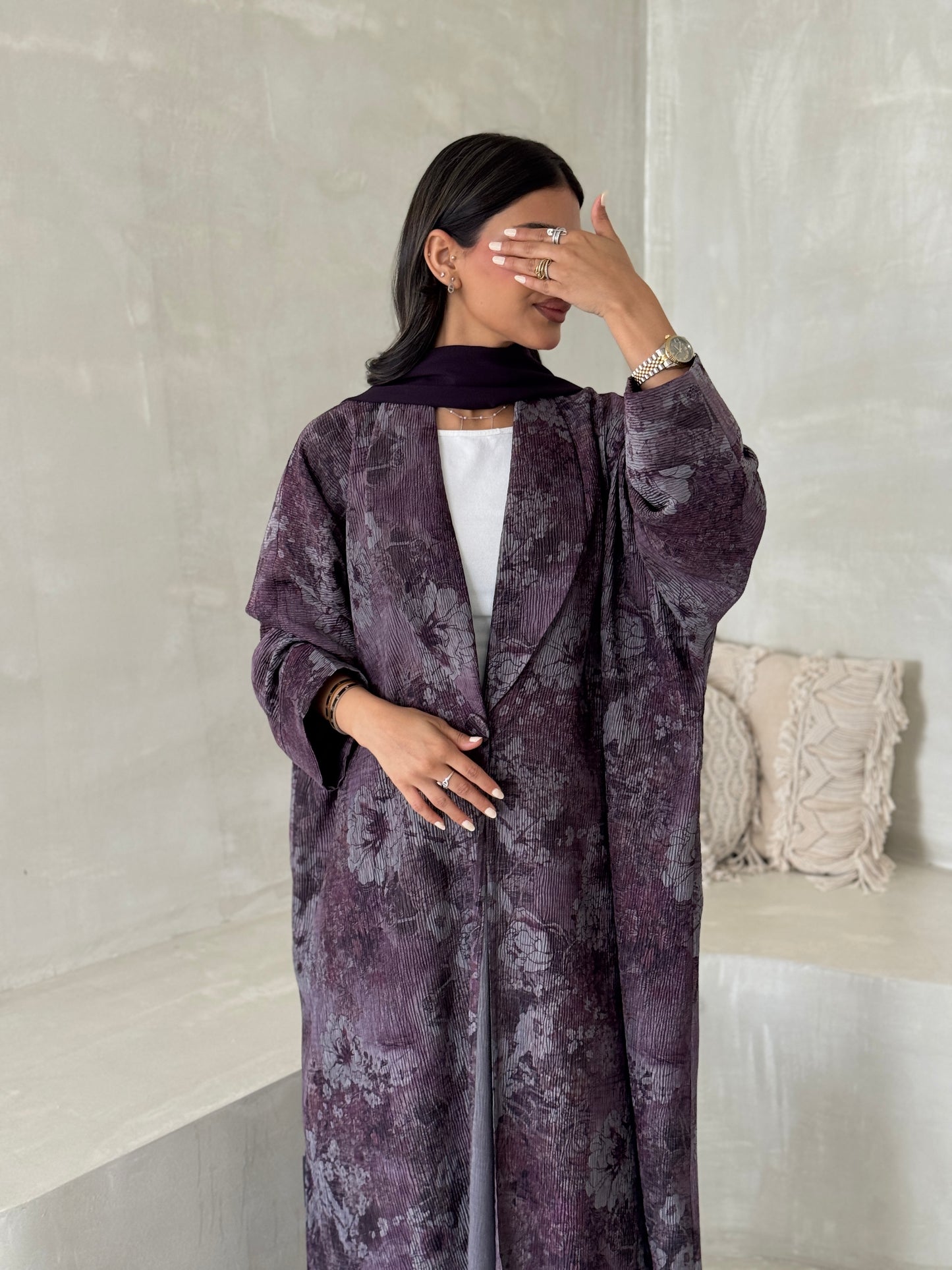 FAB200-Purple Pleats Half-Bisht Summer Abaya with matching headscarf