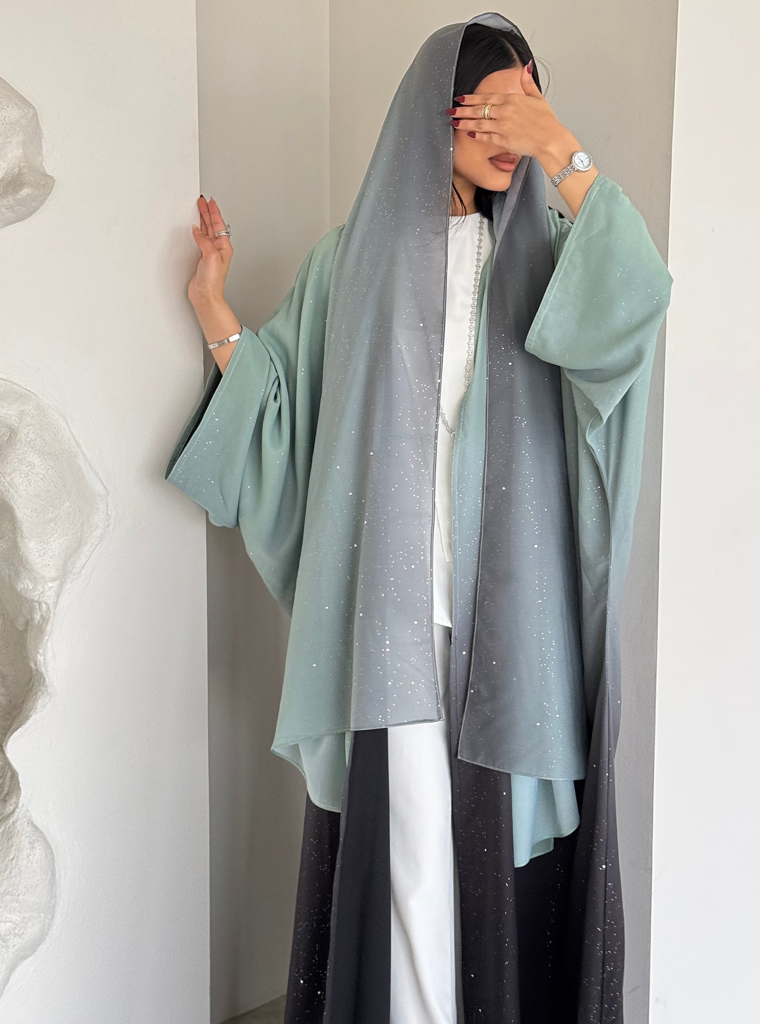 FAB161-Turqoise Ombre Glitter Abaya with matching headscarf