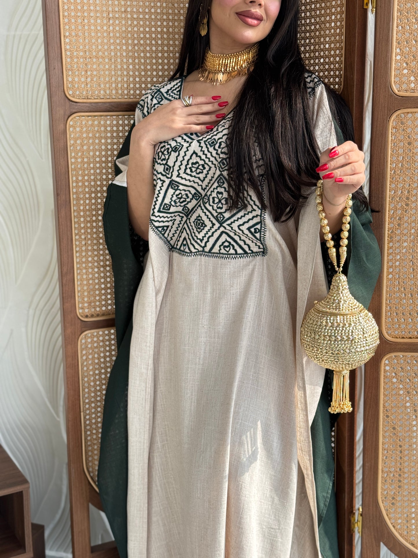 FAB253- Green Beige Two-sided embroidered Linen butterfly cut jalabiya