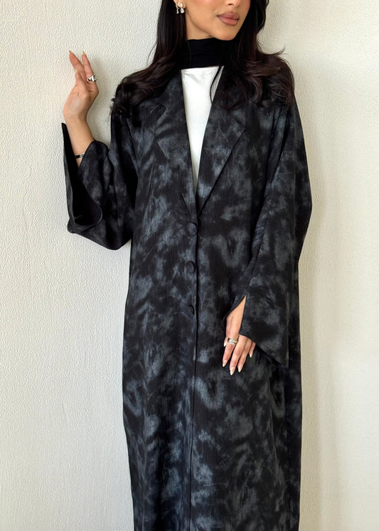READY TO SHIP- FAB178- Black Silver Tie-dye Blazer Cut Abaya