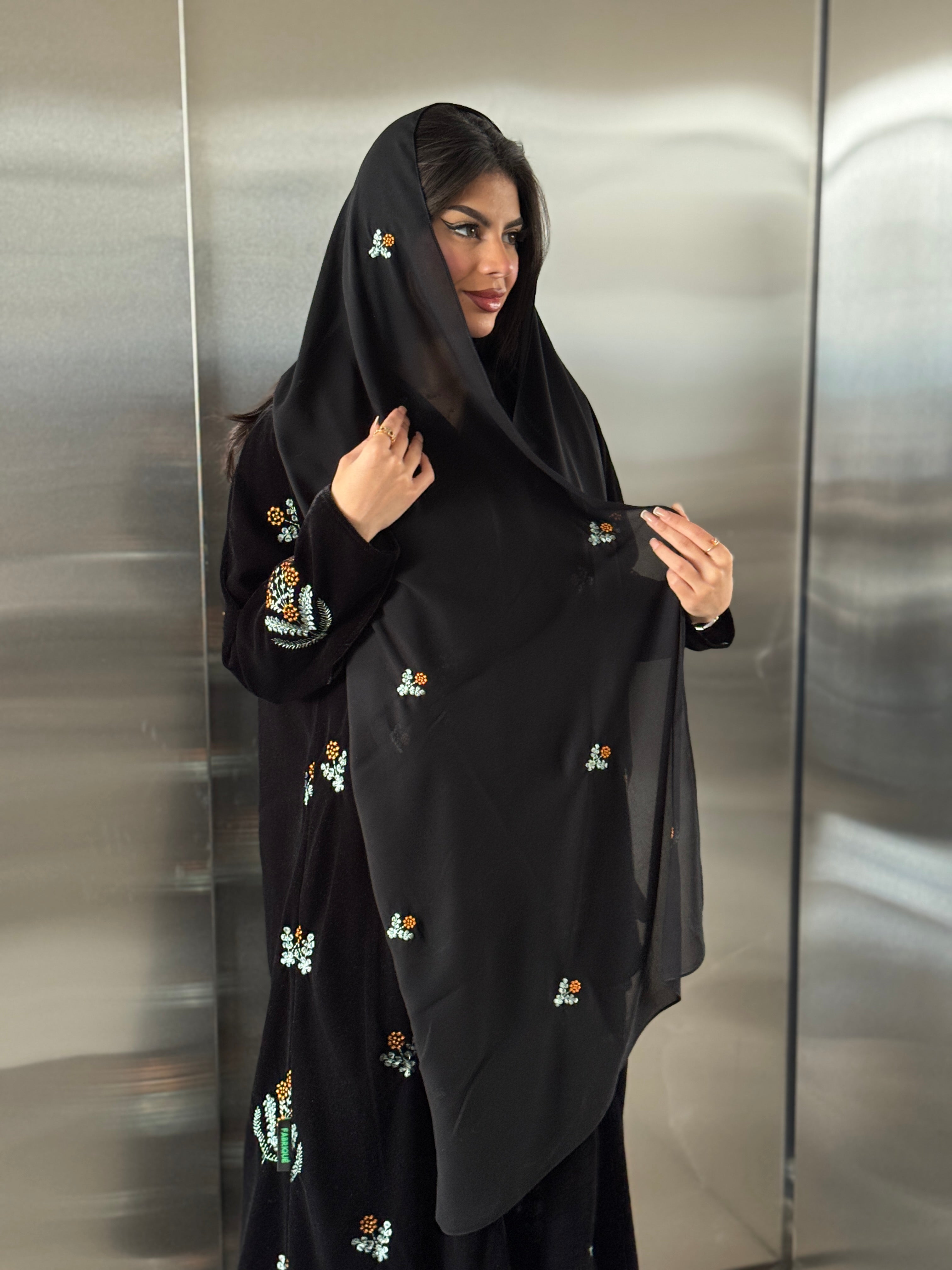 FAB247- Black Velvet with Orange Embroidery A-Cut Abaya Set