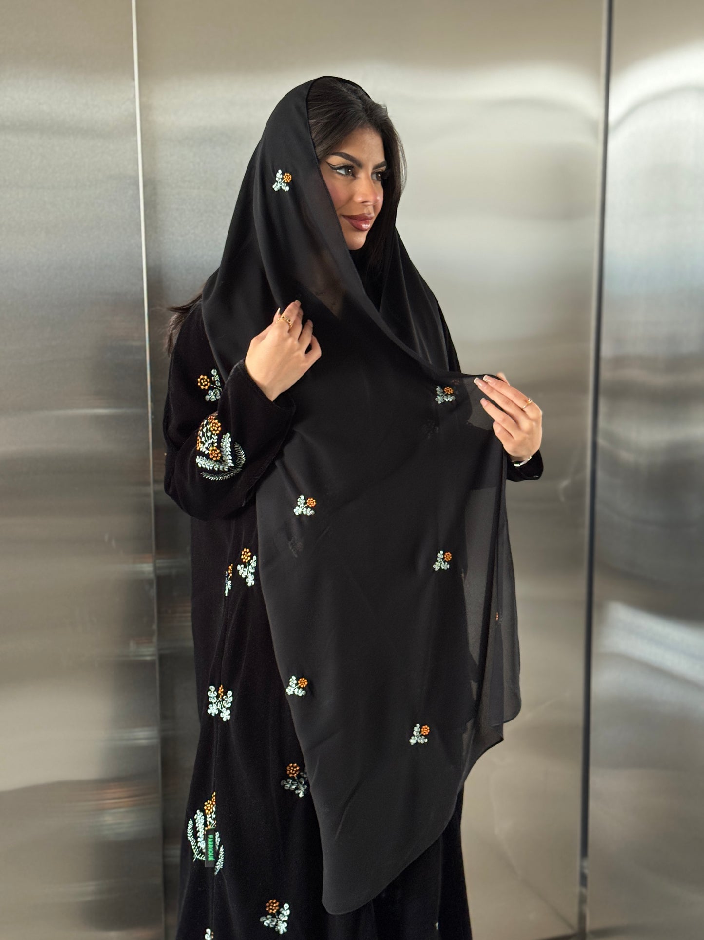 FAB247- Black Velvet with Orange Embroidery A-Cut Abaya Set
