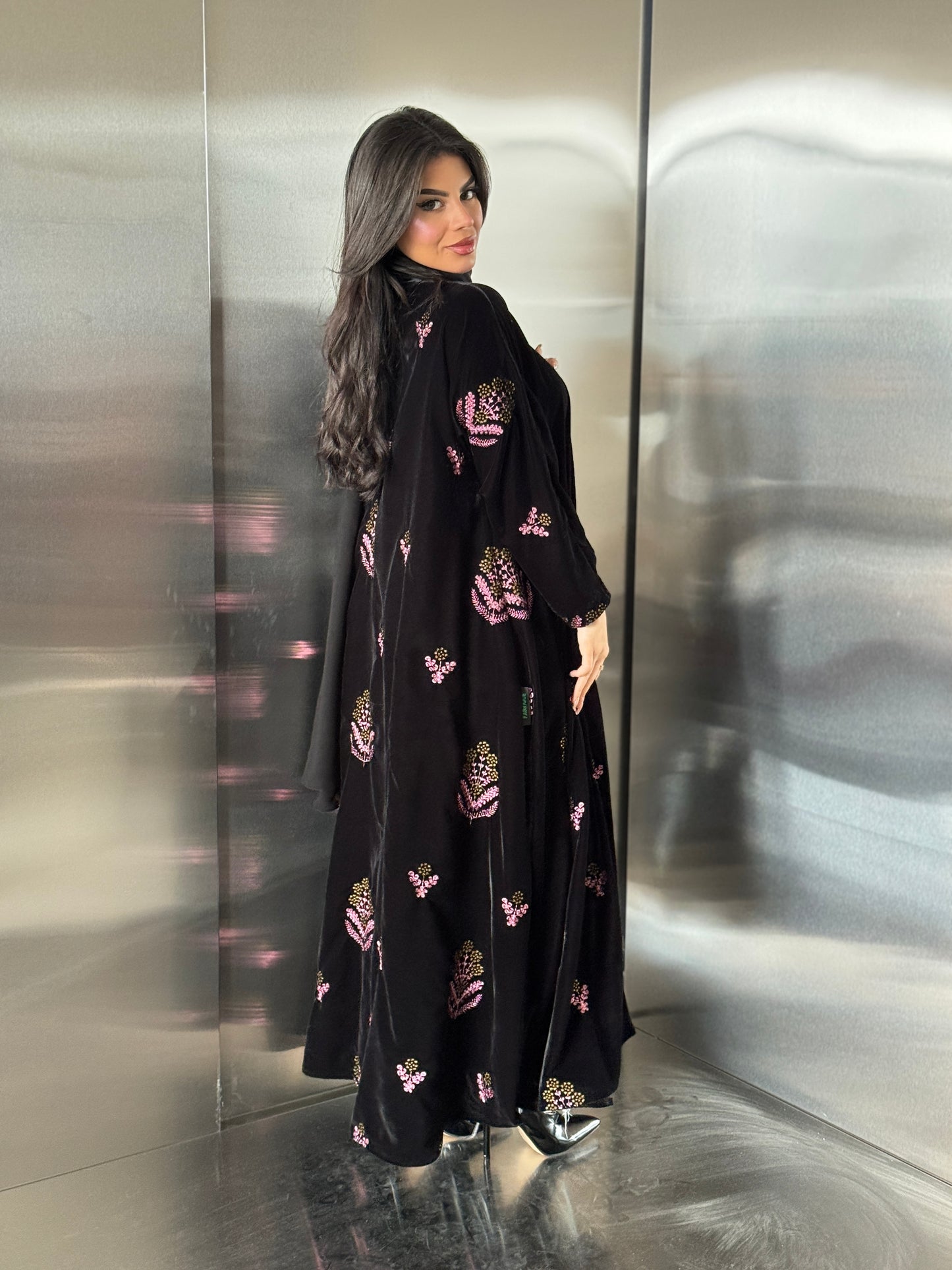 FAB248- Black Velvet with Pink Embroidery A-Cut Abaya Set