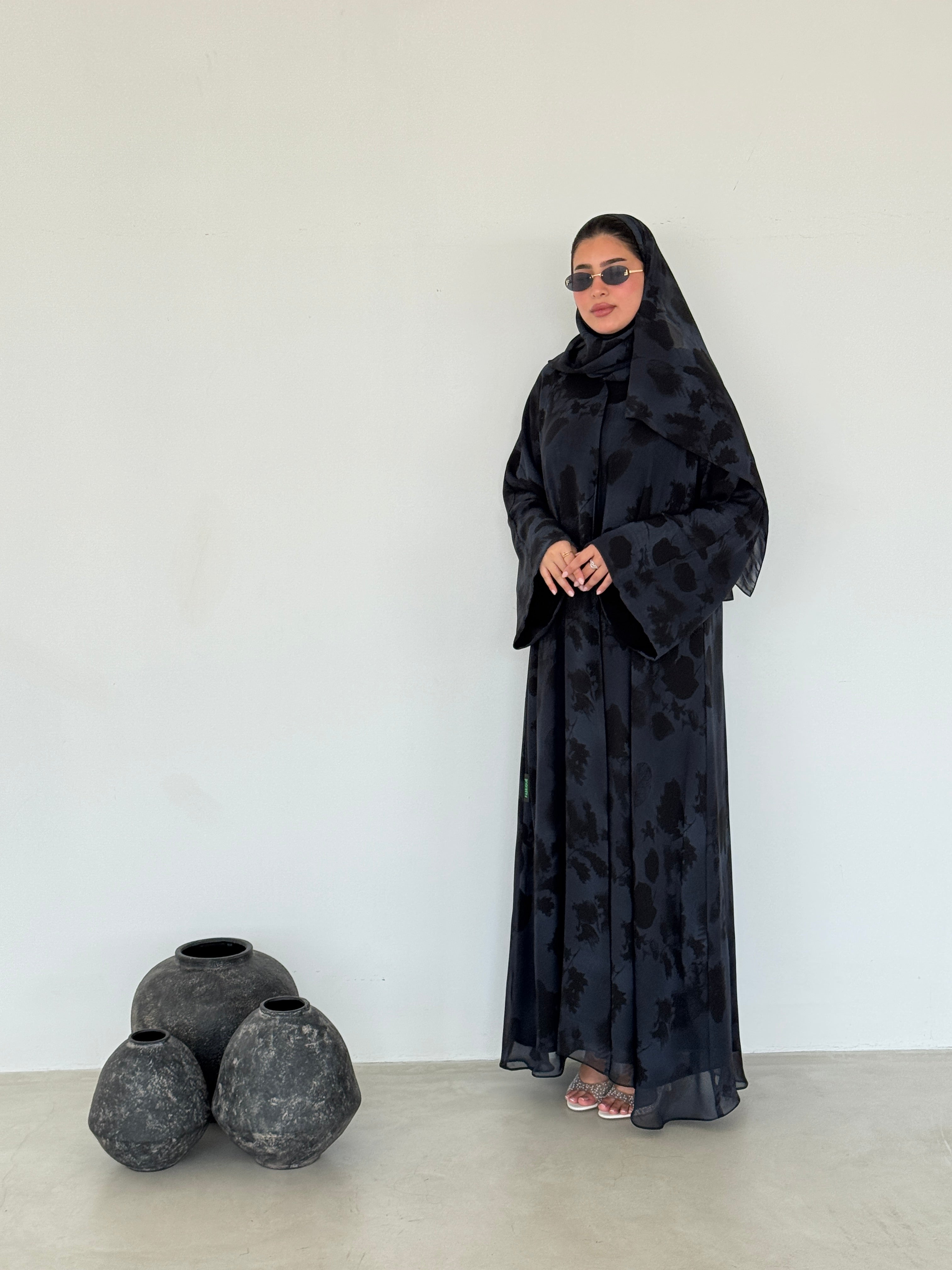 FAB216- Blue Printed A-Cut Shiffon Abaya Set