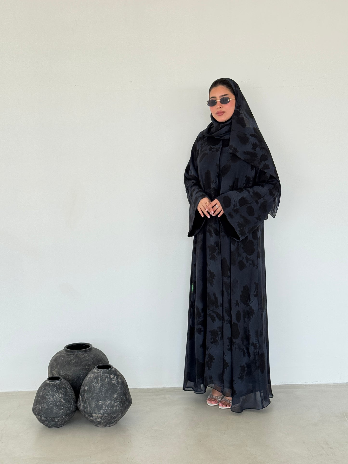 FAB216- Blue Printed A-Cut Shiffon Abaya Set