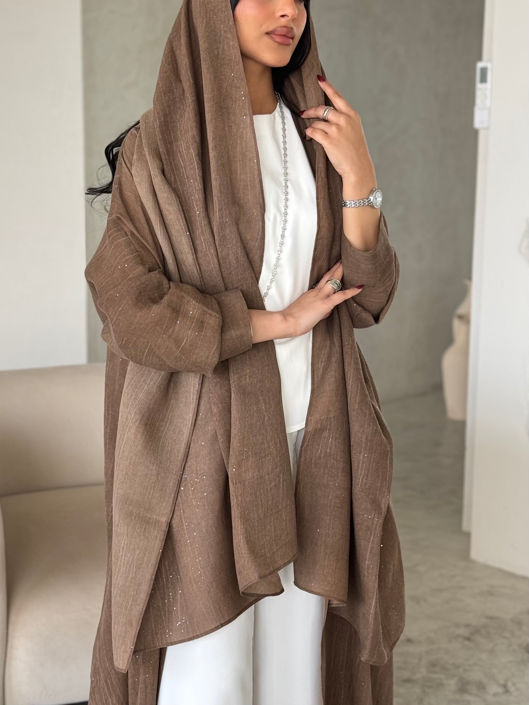 FAB170- Camel Linen Glitter A-Cut Abaya