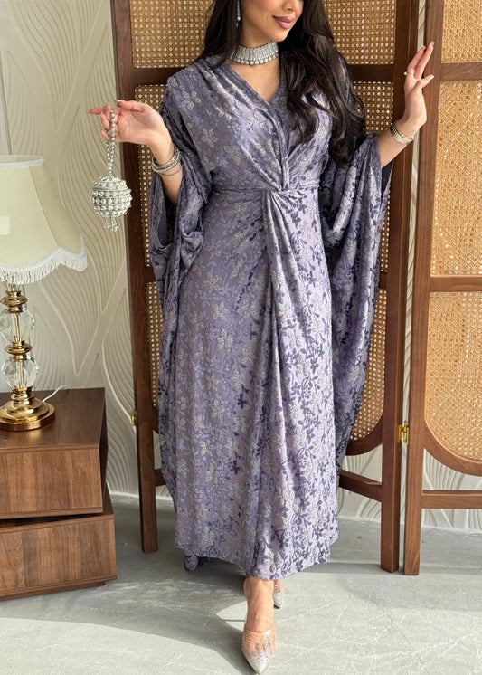 FAB257- Lilac wrap jalabiya with velvet floral shimmer