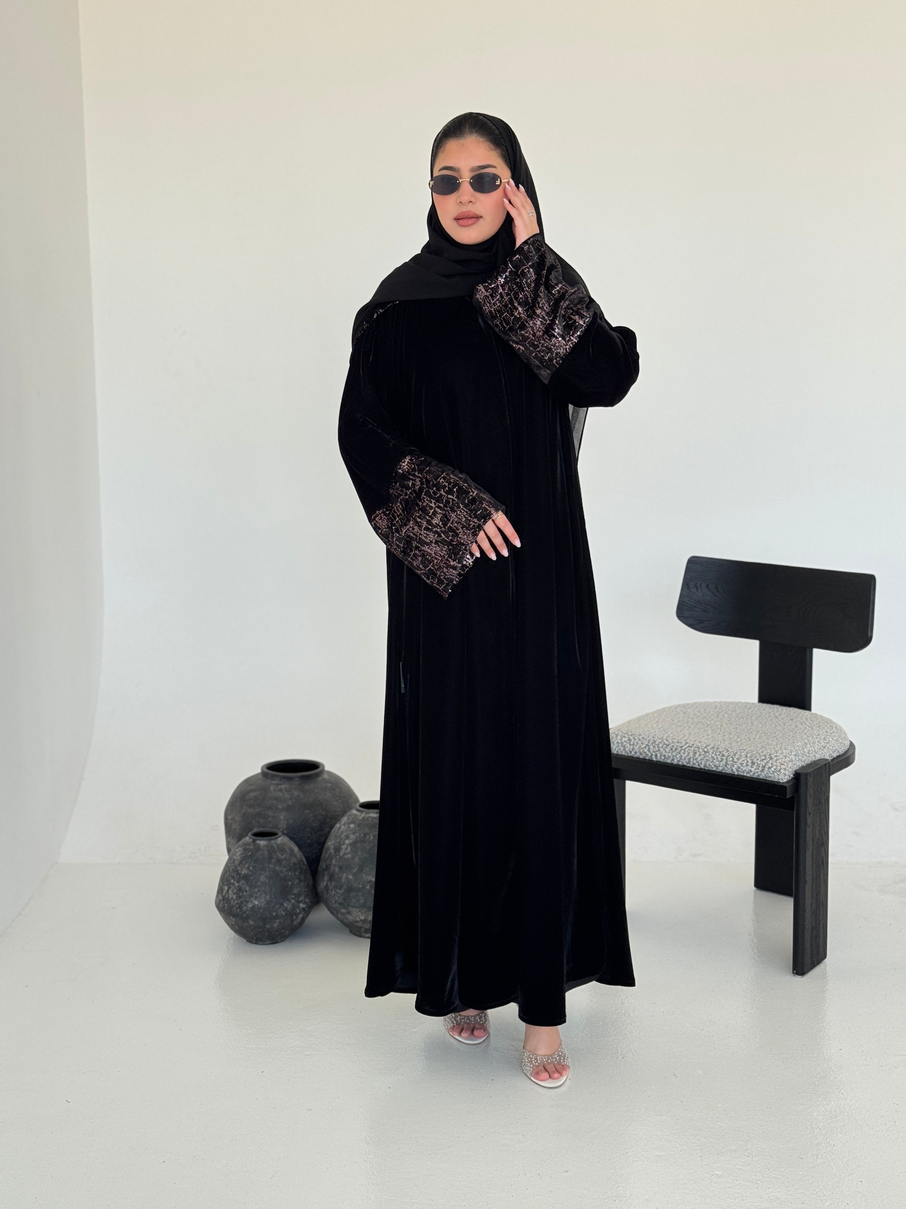FAB245-Rose Metallic Black Velvet Abaya with Metallic pipping headscarf