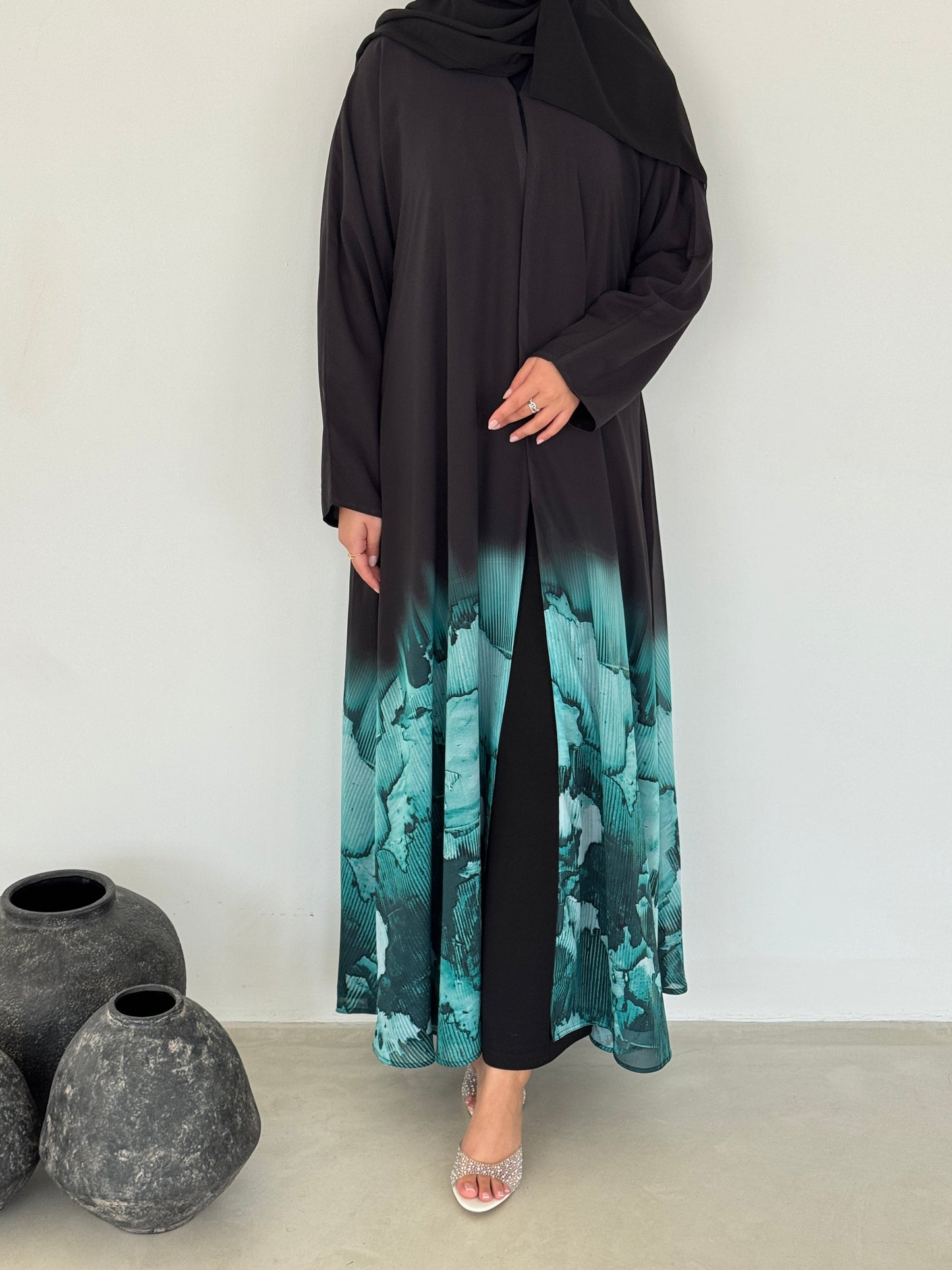 FAB210- Turquoise Ombre Waves print Shiffon A-cut Abaya with headscarf