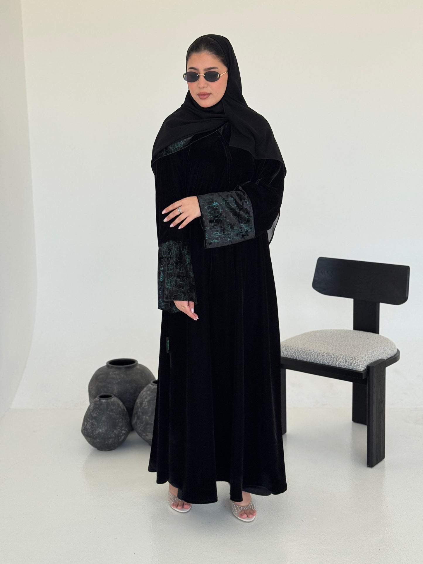 FAB246-Green Metallic Black Velvet Abaya with Metallic pipping headscarf
