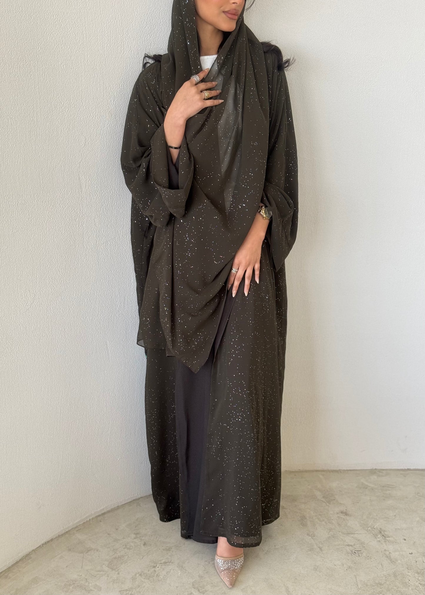 FAB183- Elegant Army Green Glitter Chiffon Abaya