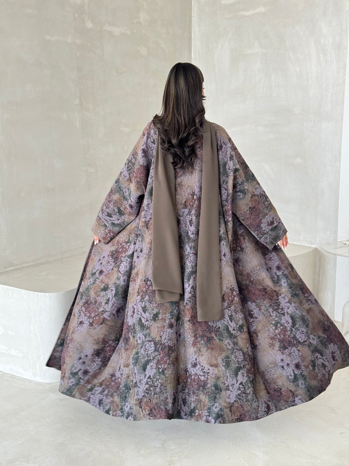 FAB201-Olive Green Grey Pleats Half-Bisht Summer Abaya with matching headscarf