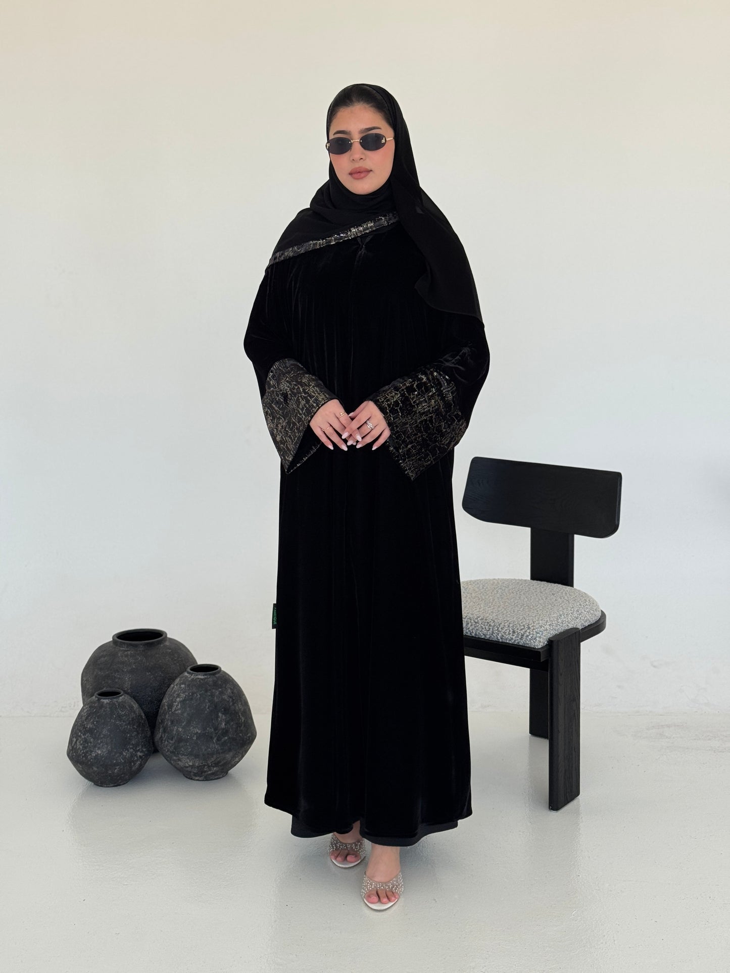 FAB244-Silver Metallic Black Velvet Abaya with Metallic pipping headscarf